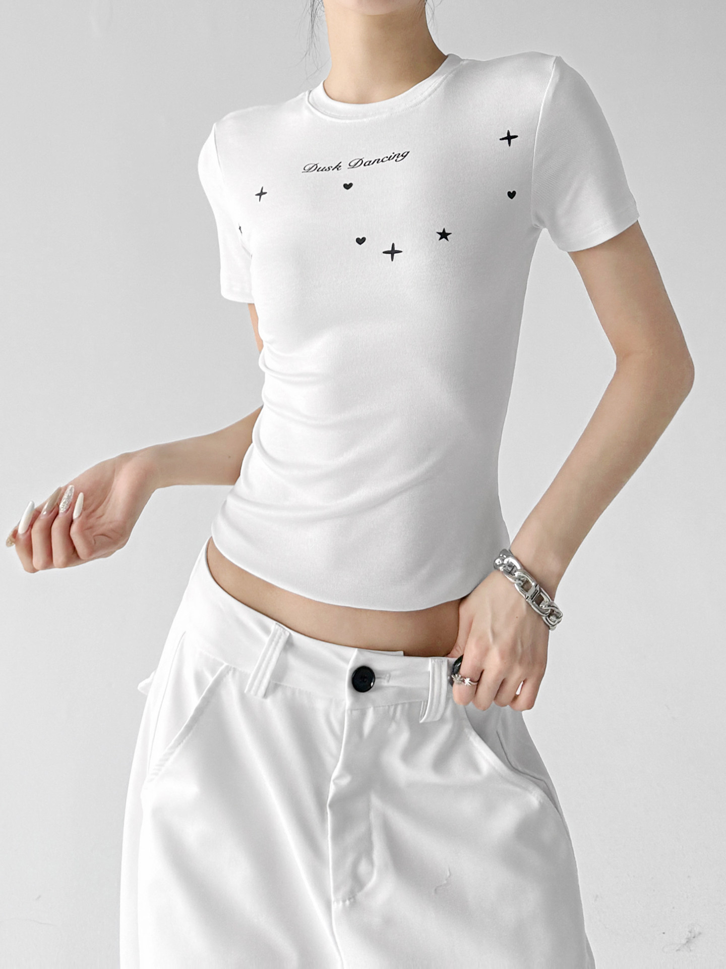 White Star Print Slim Casual Short Sleeve Tee