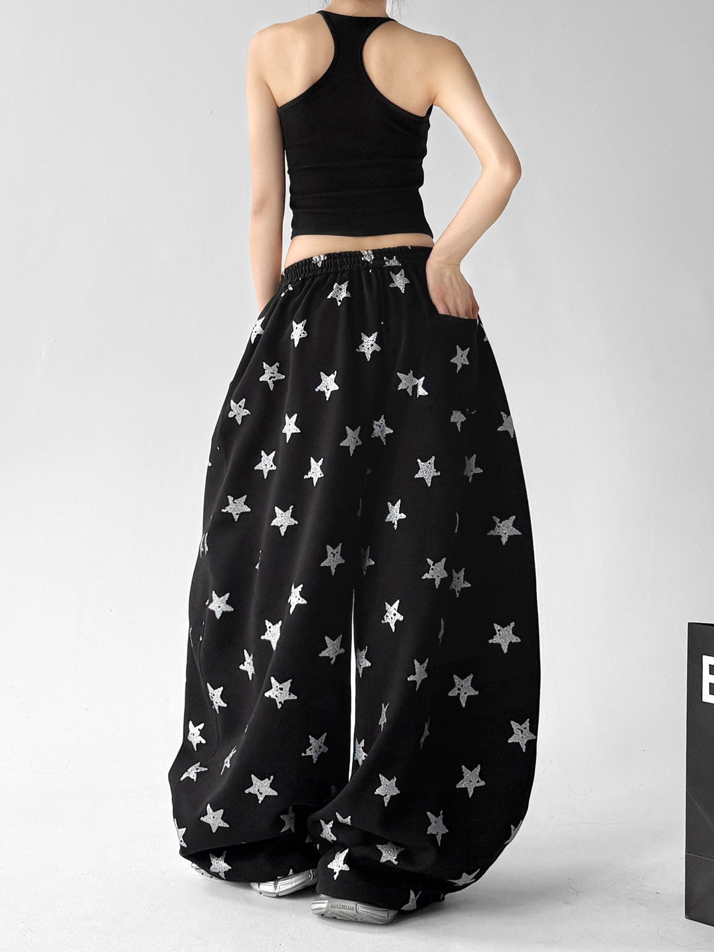 Black Star Print Loose High Waist Wide Leg Sports Pants
