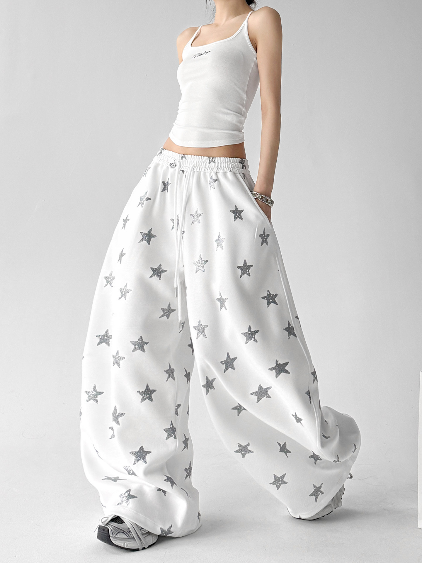 White Star Print Loose High Waist Wide Leg Sports Pants