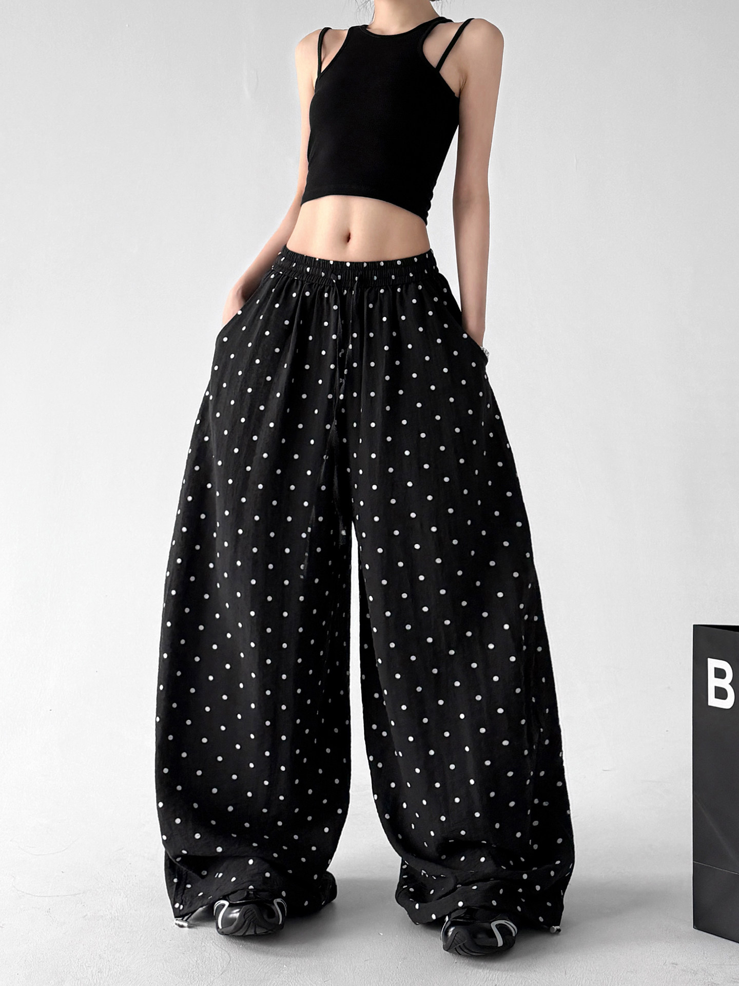 Lazy Black Polka Dot Wide Leg Pants