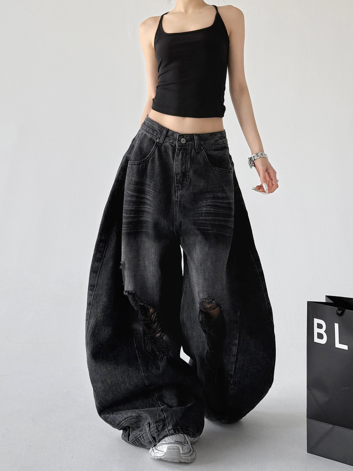American Style Black Distressed Loose Floor-Length Wide Leg Jeans