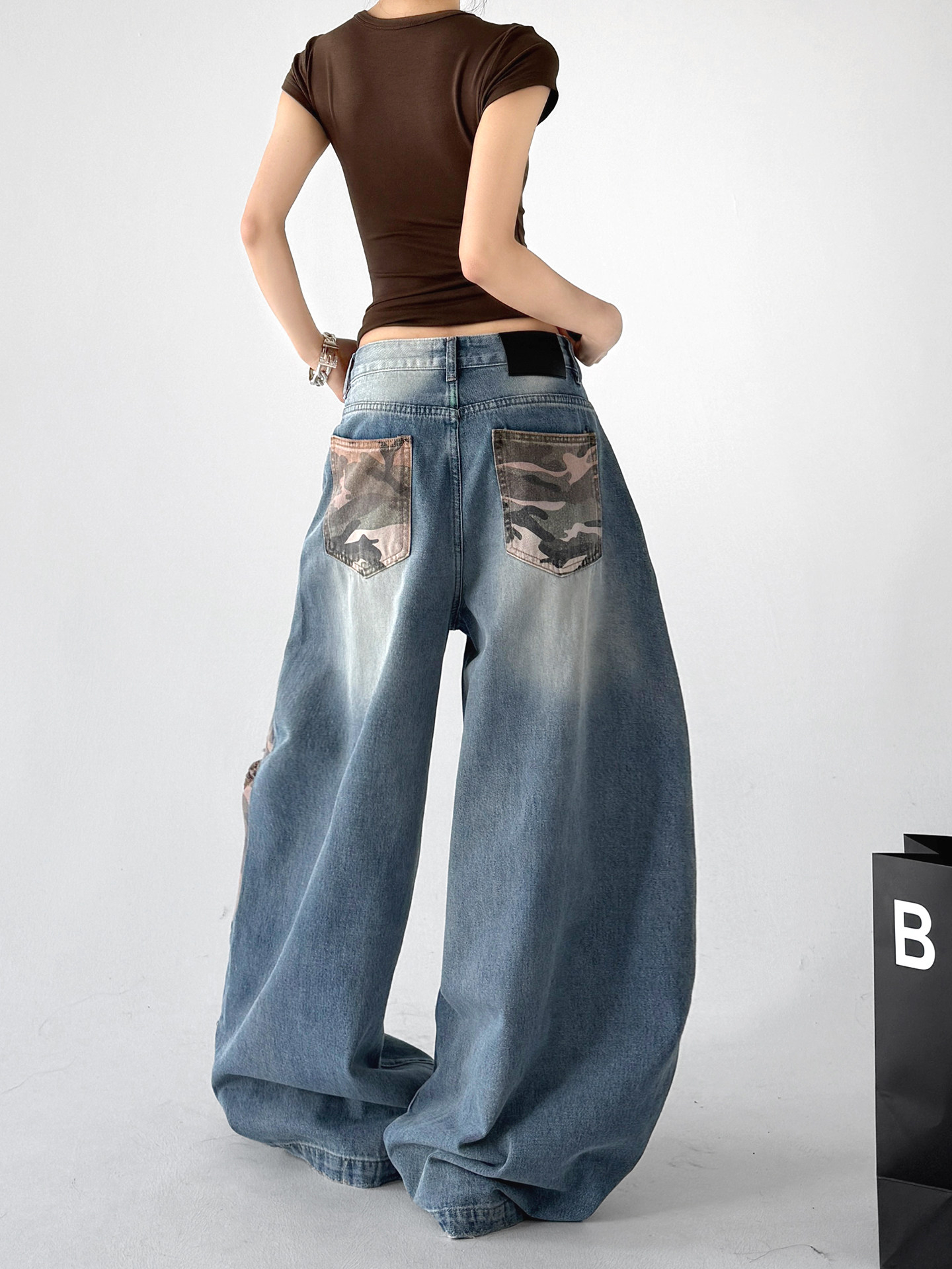 Camouflage Patchwork Hip Hop Curved Wide Leg Jeans