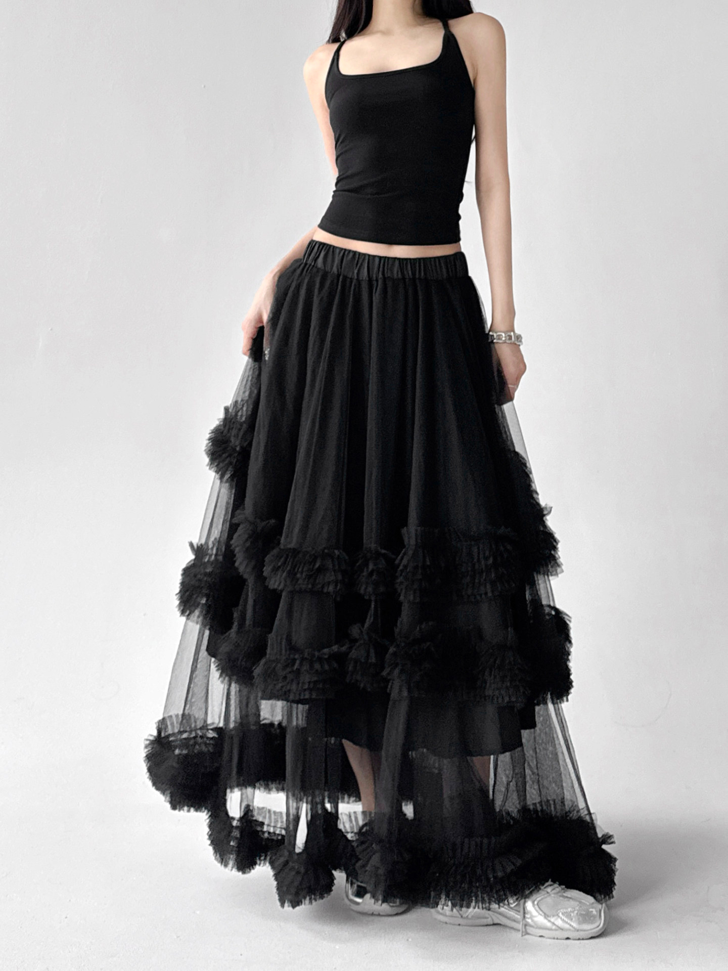 Dark Cool Mesh Tiered Puffy Midi Skirt
