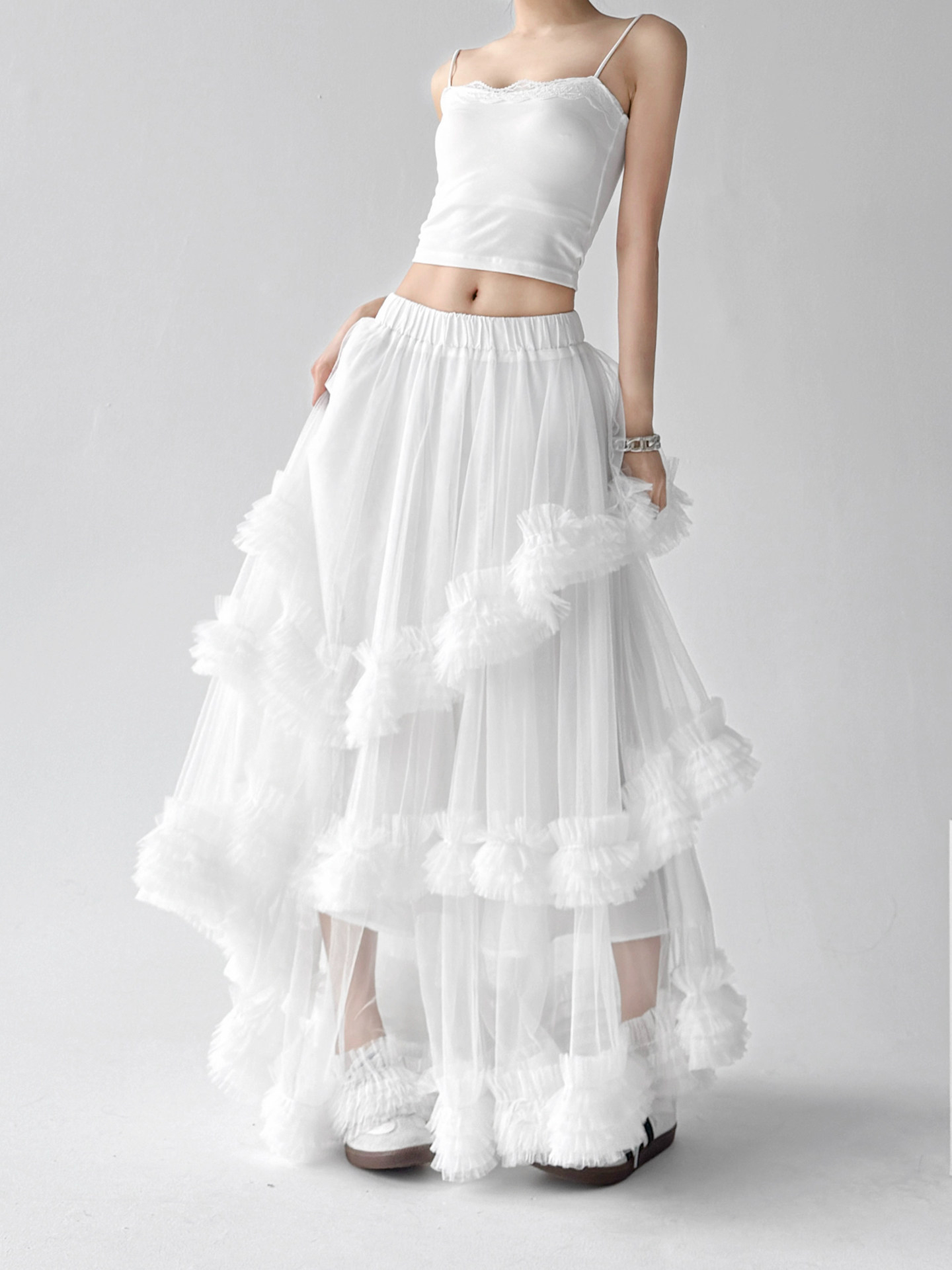 High Waist Ruffle Irregular Flowy Mesh Long Skirt