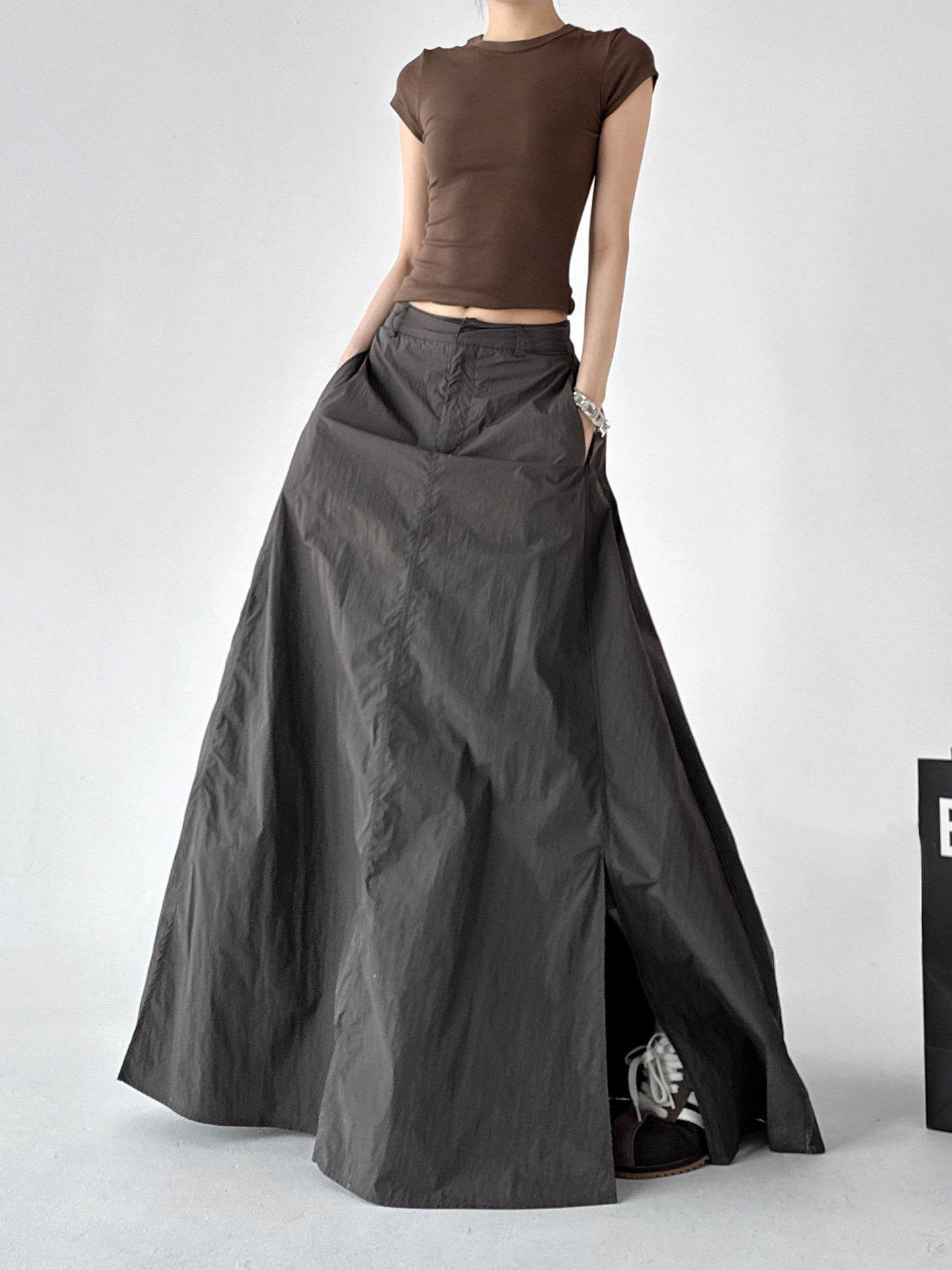 Khaki High Waist Slit Pleated Slim Long A-Line Skirt