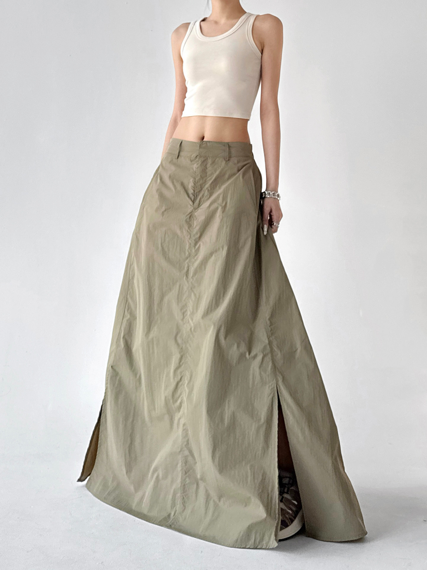 High Waist Slit Flowy Loose A-Line Long Skirt