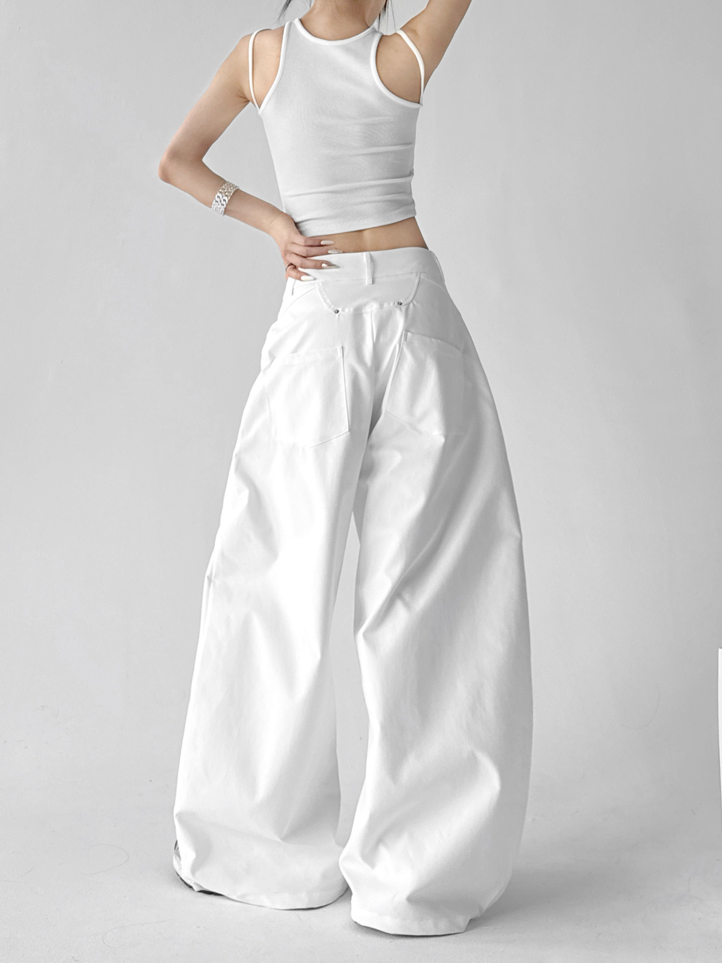 White High Waist Casual Loose Straight Curved Wide Leg Long Pants