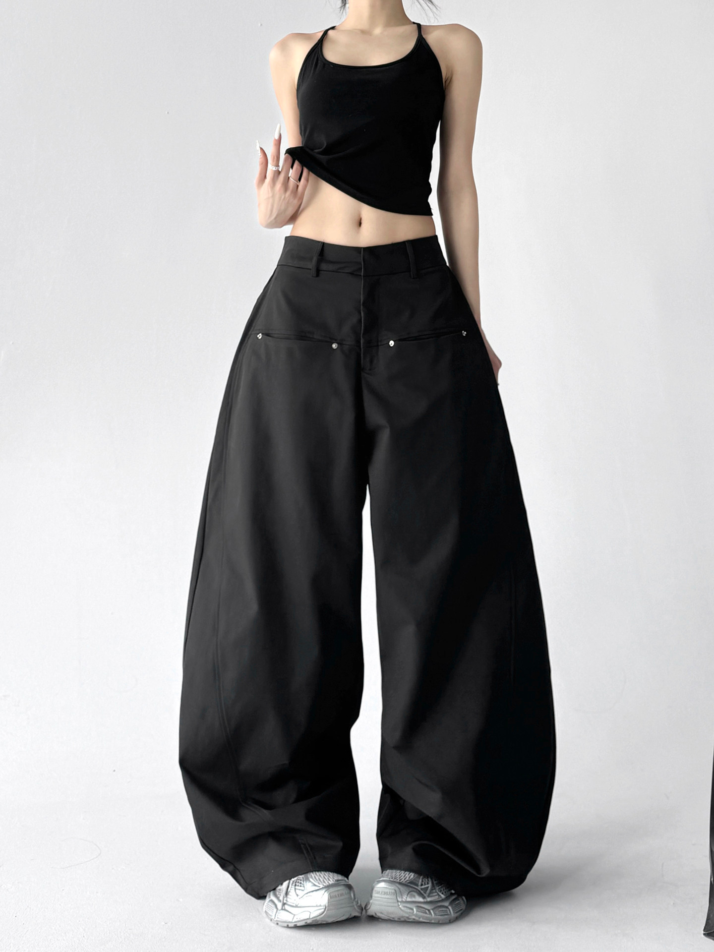 Black High Waist Casual Loose Straight Curved Wide Leg Long Pants