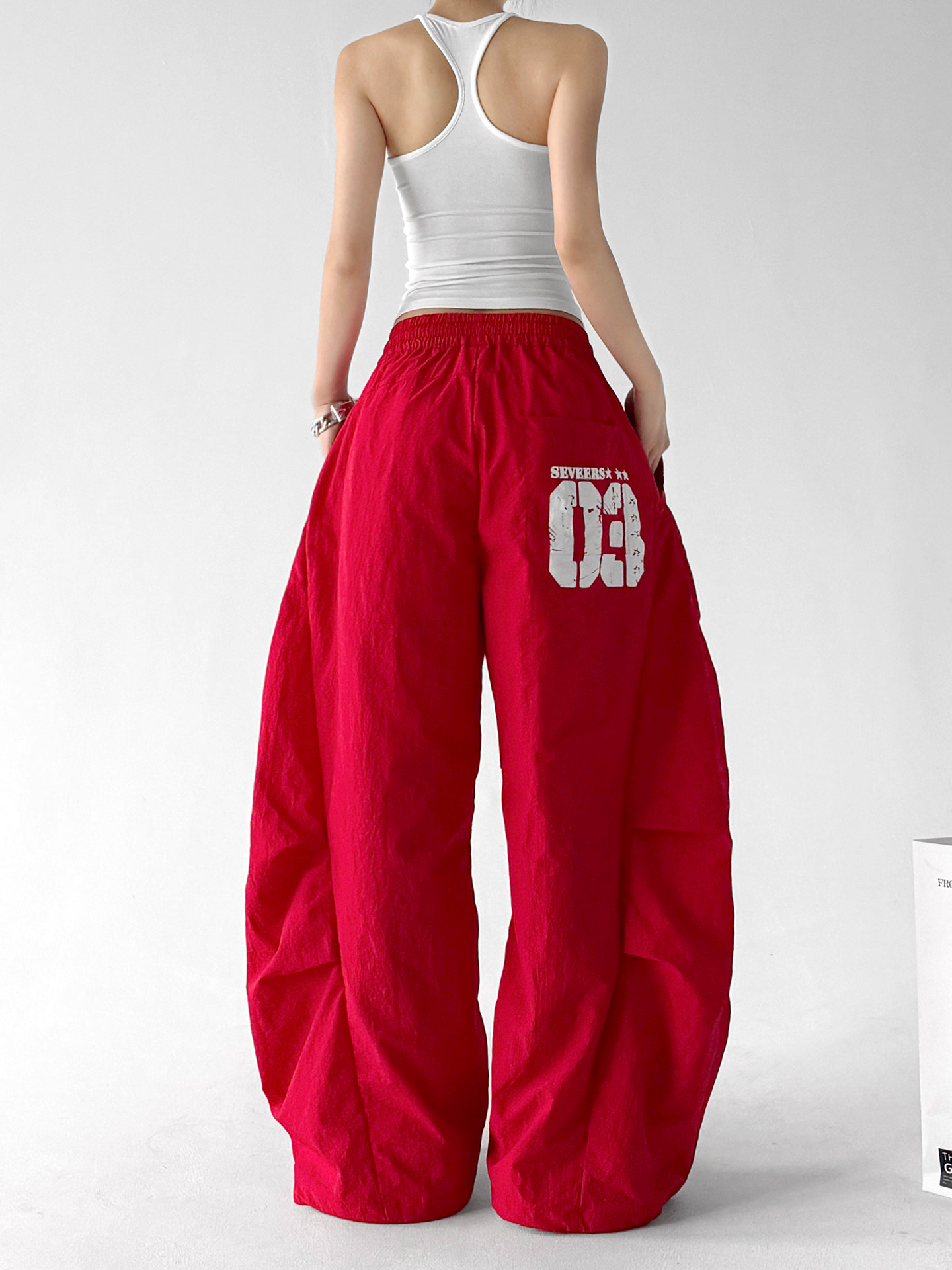 American Street Print Wide Leg Pants, Red Curved Trousers