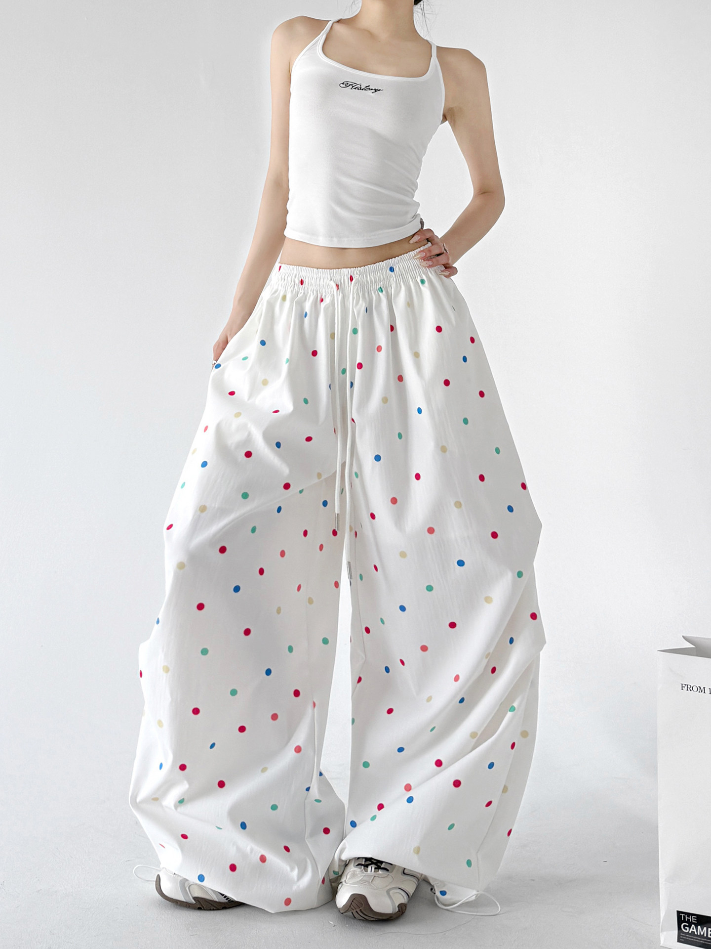 Dopamine Polka Dot Wide Leg Pants, White Casual Trousers