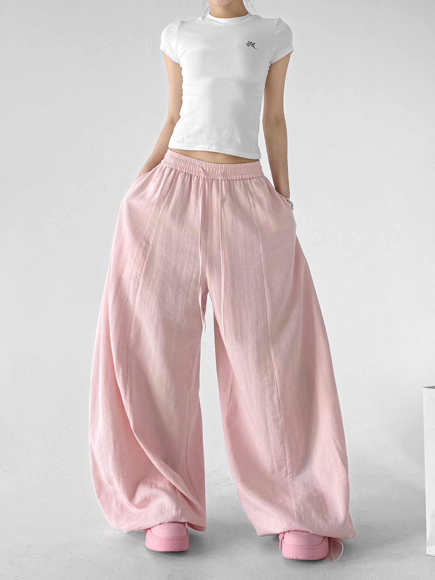 Lazy High Waist Linen Wide Leg Pants, Pink&White Drape Trousers