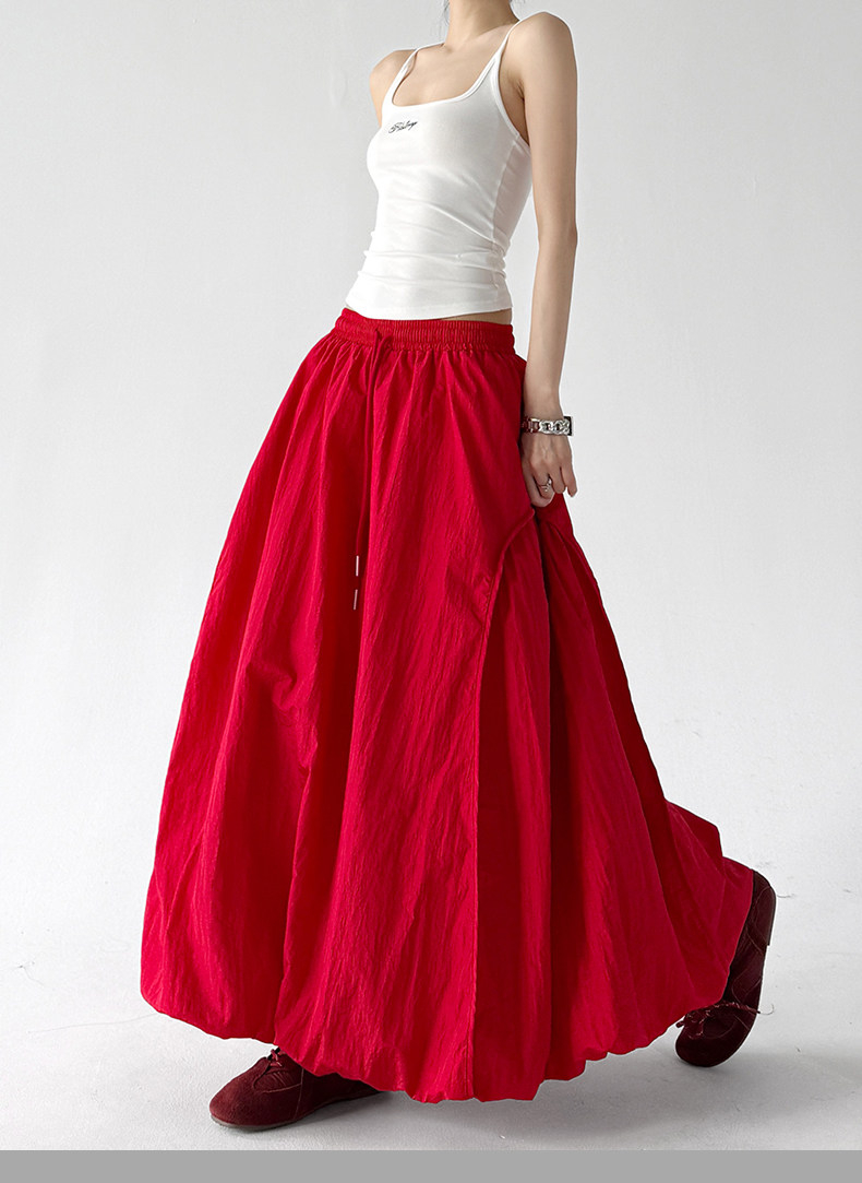 Red Bud High Waist Flared A-Line Maxi Skirt