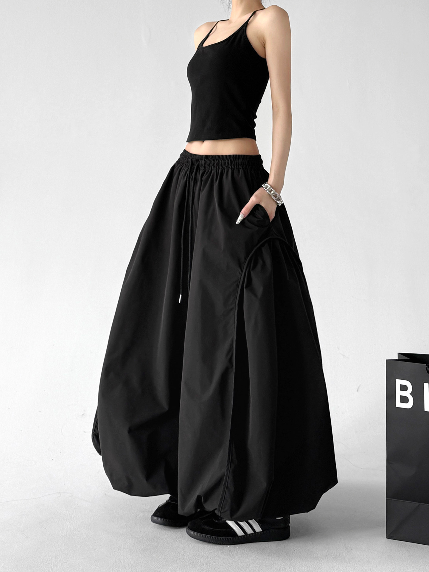 Black Bud High Waist Flared A-Line Maxi Skirt
