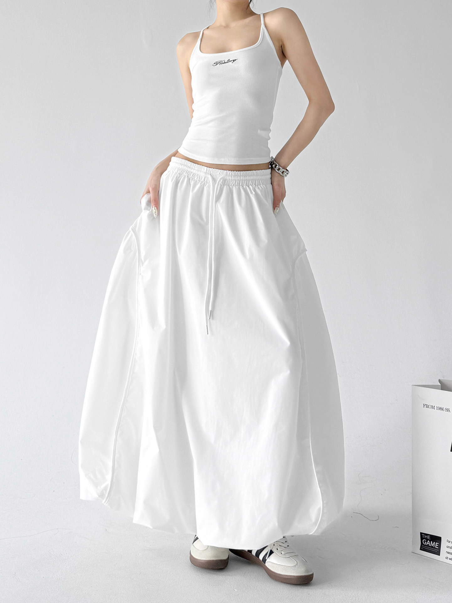 White Bud High Waist Flared A-Line Maxi Skirt
