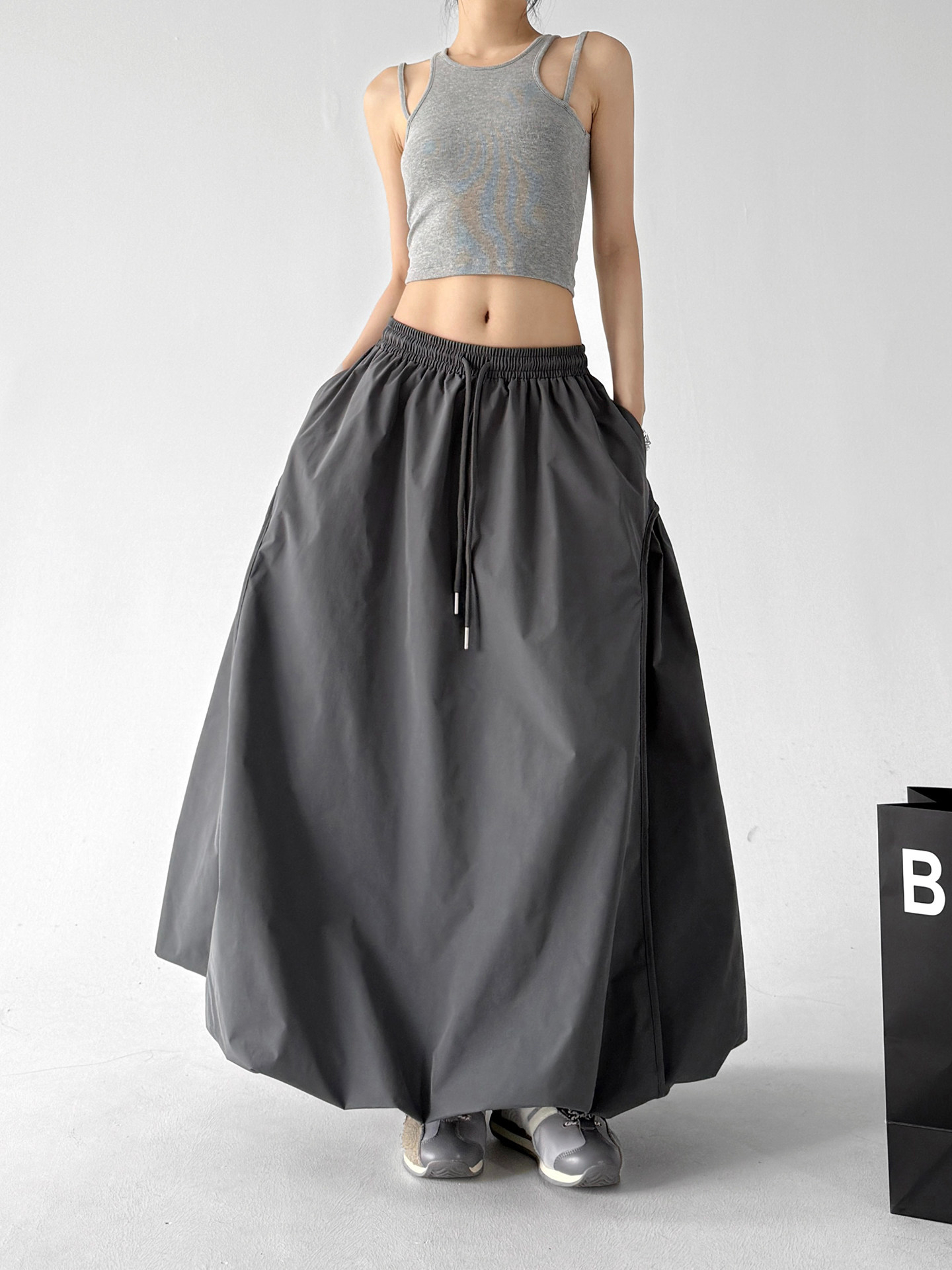Gray Bud High Waist Flared A-Line Maxi Skirt