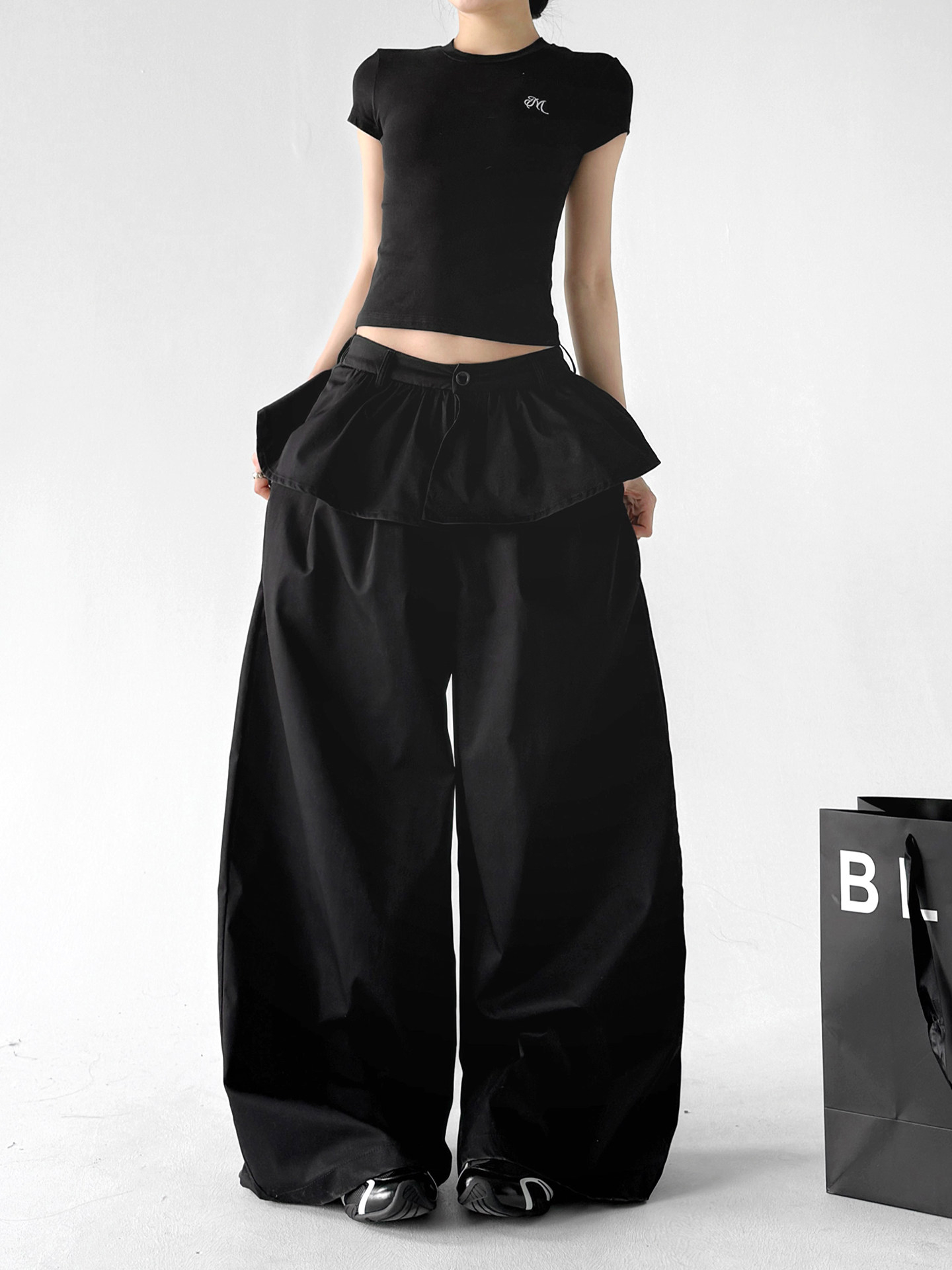 Black Ruffle Fake Two-Piece Loose Wide Leg Skirt Pants