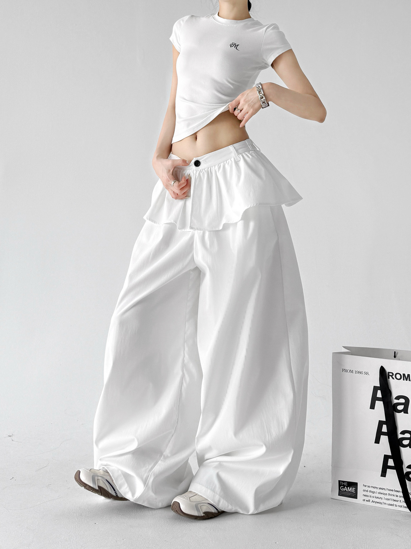 White Ruffle Fake Two-Piece Loose Wide Leg Skirt Pants