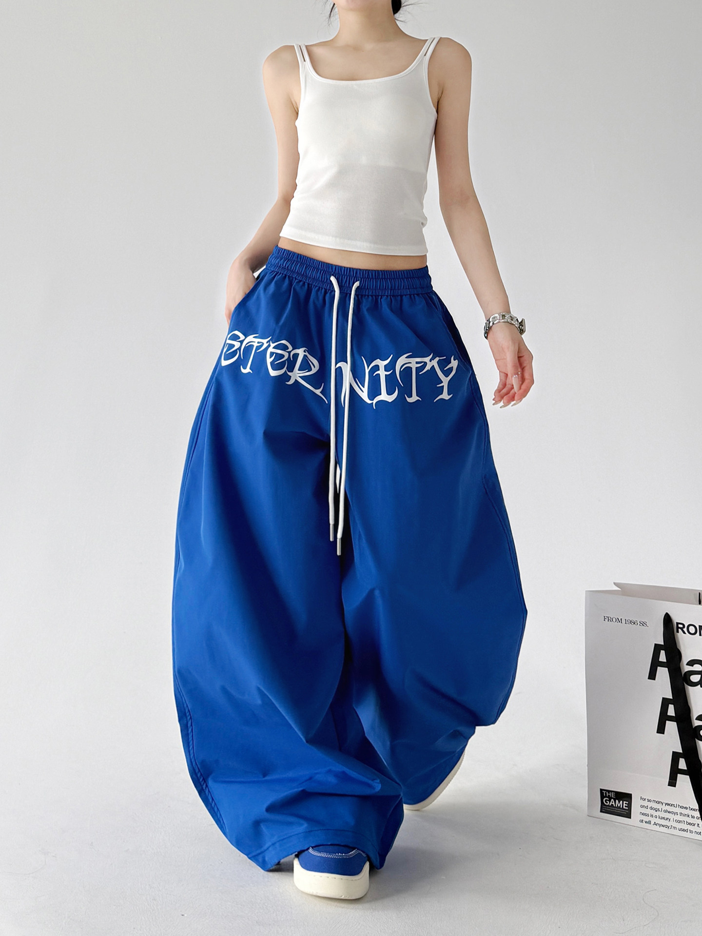 Blue Drawstring Street Dance Loose Wide Leg Pants