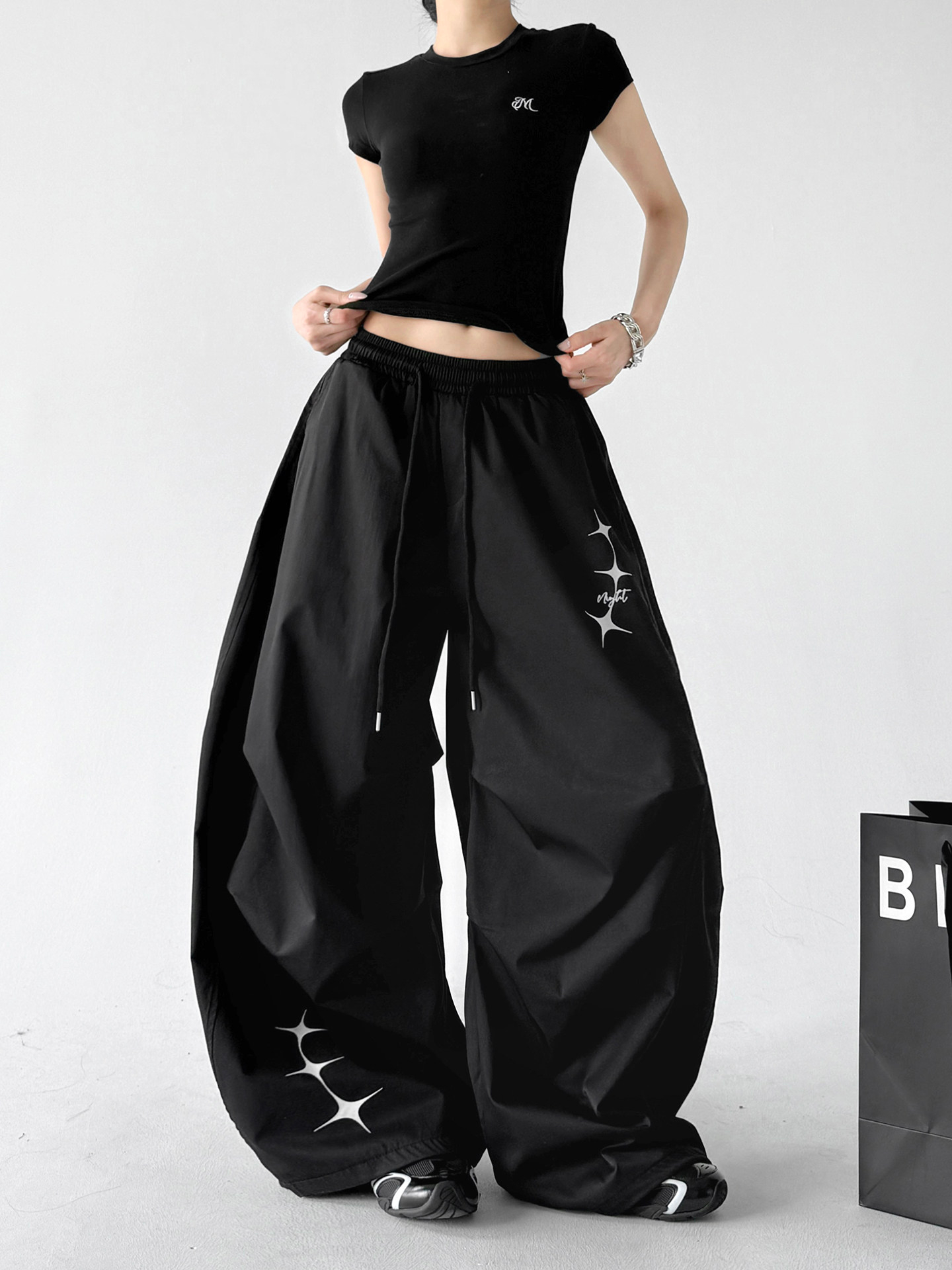 Black Loose Parachute Cargo Outdoor Wide Leg Pants