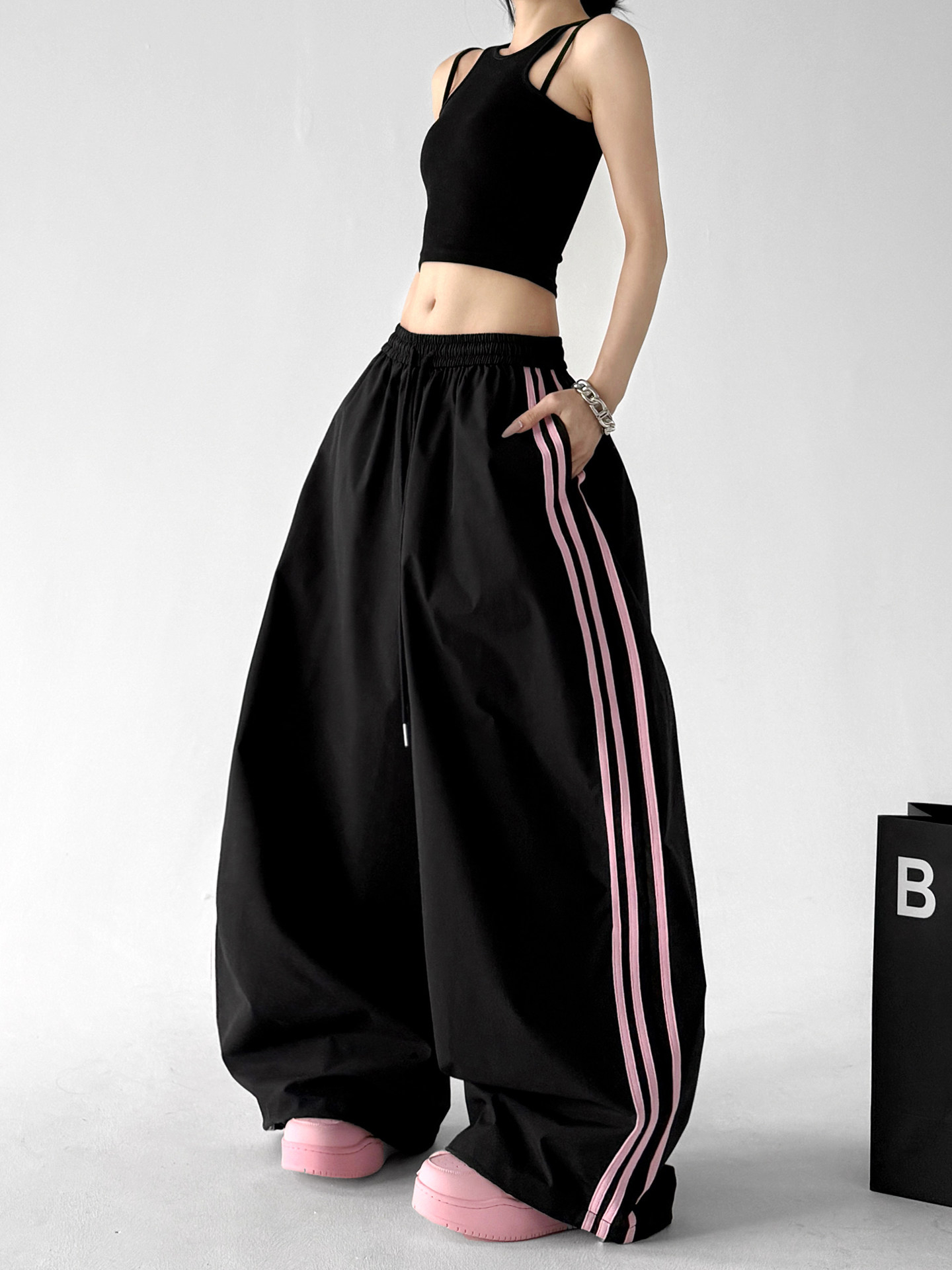 Black Color Block Stripe Elastic Waist Wide Leg Pants