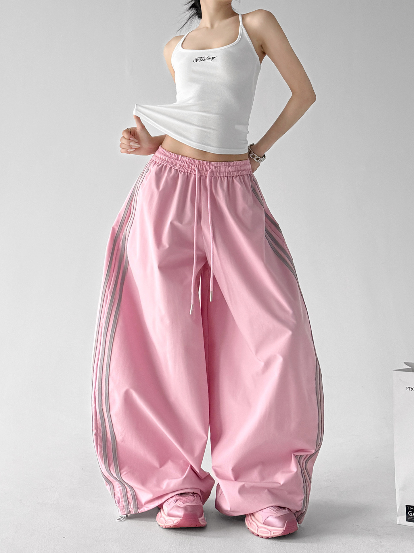Pink Color Block Stripe Elastic Waist Wide Leg Pants
