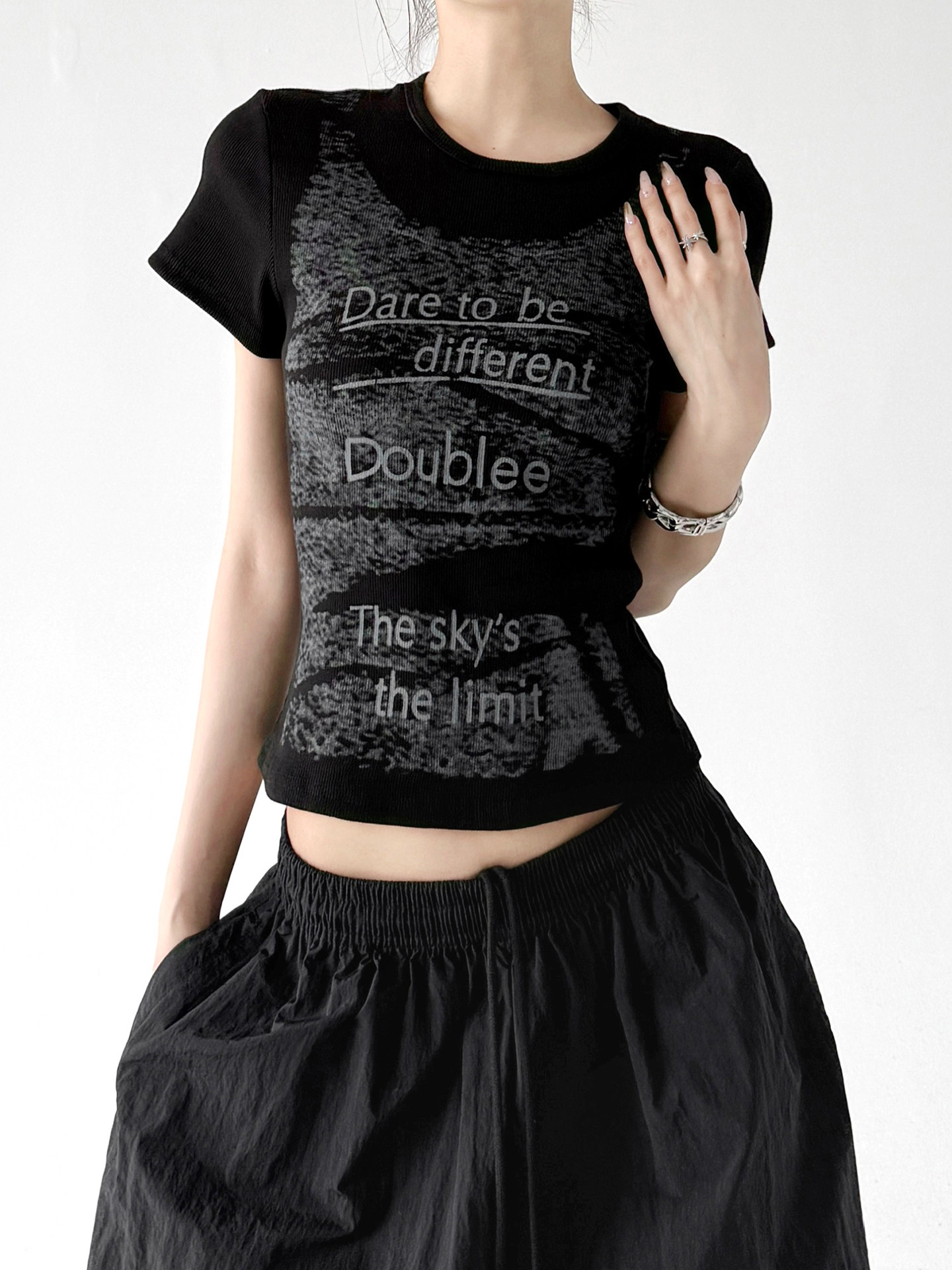 Black Letter Print Slim Fit Crew Neck Short Sleeve Tee