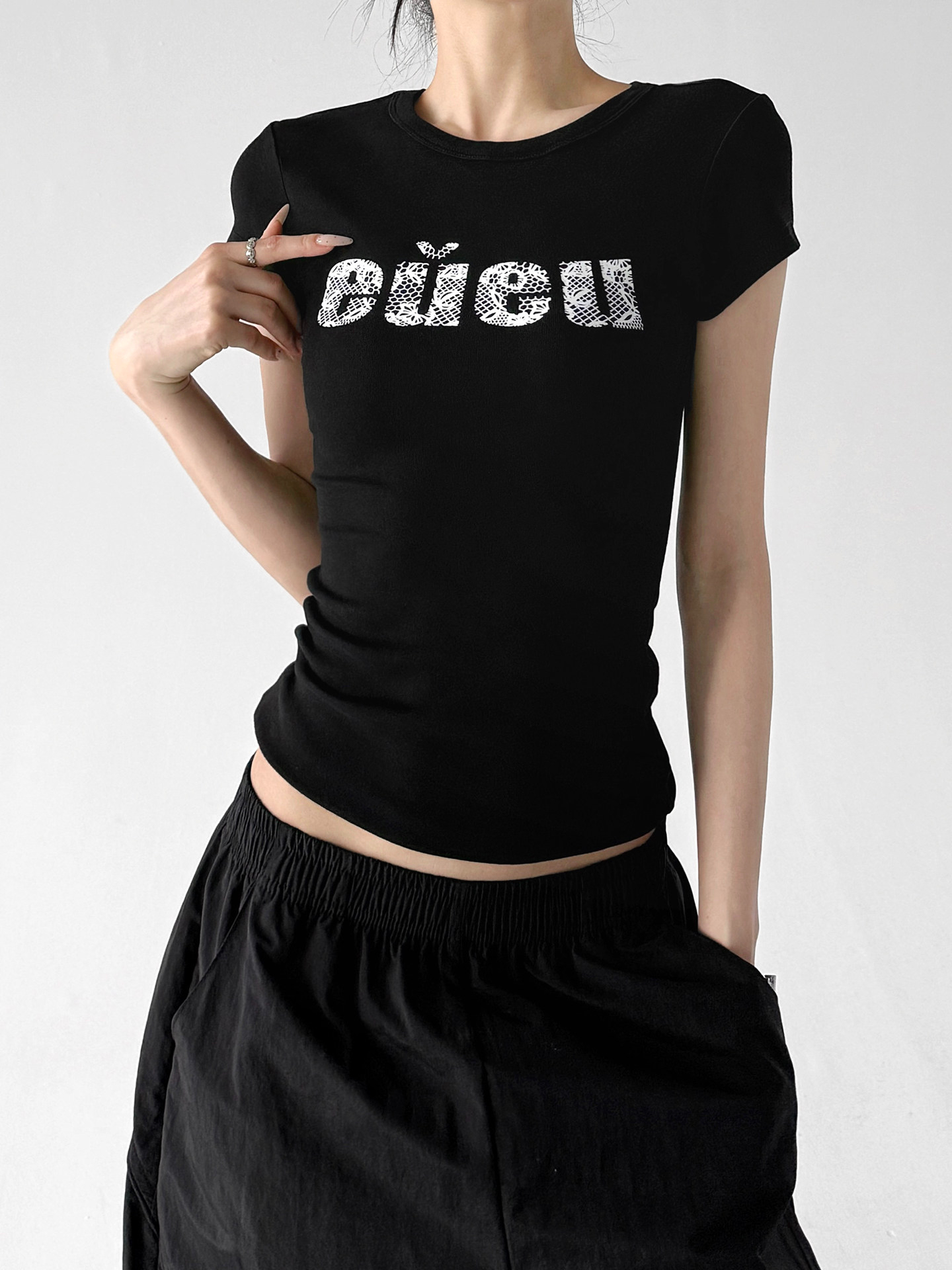 Black Letter Print Slim Fit Crew Neck Short Sleeve Tee