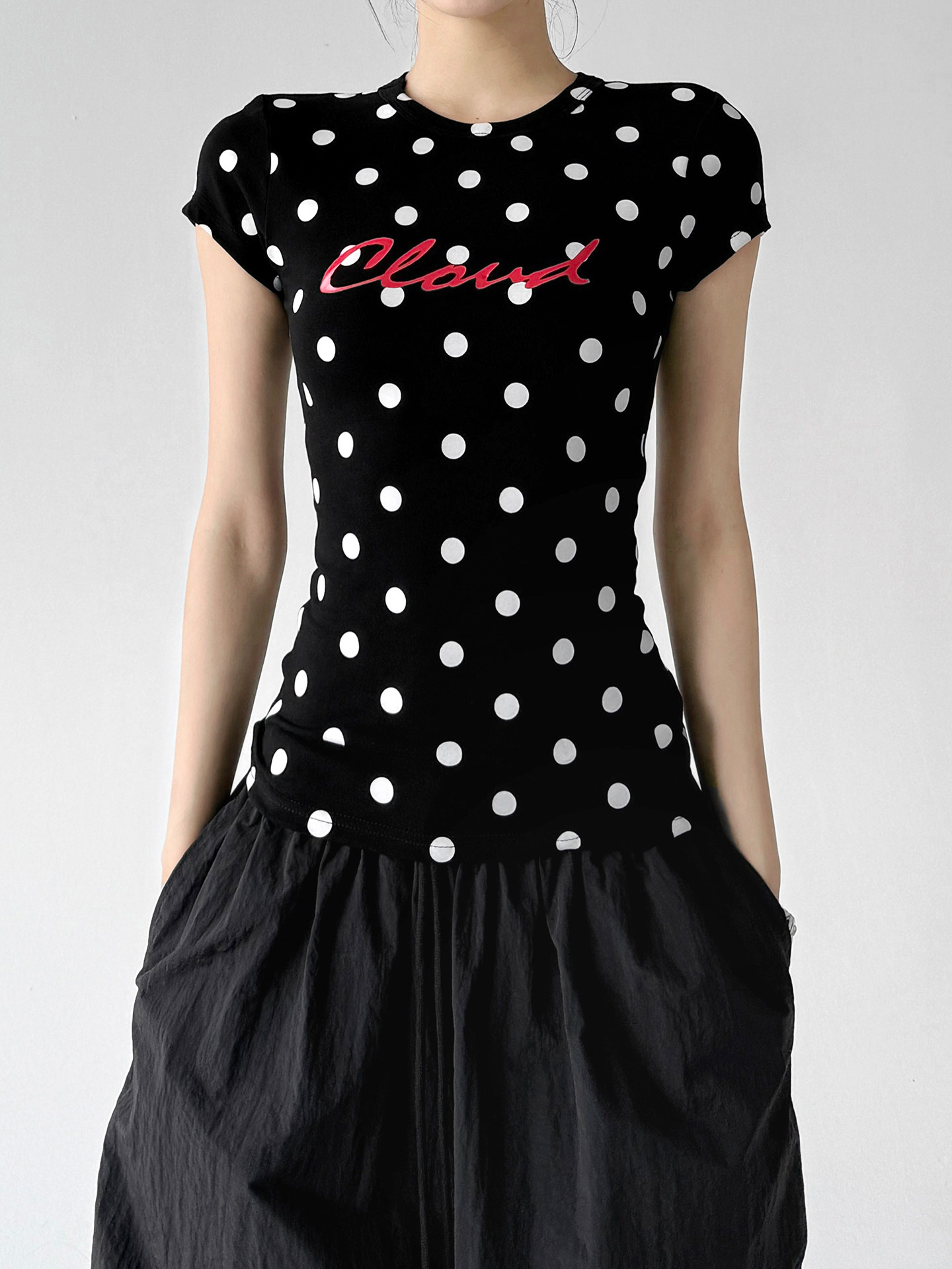 Black Polka Dot Slim Fit Casual Short Sleeve Top
