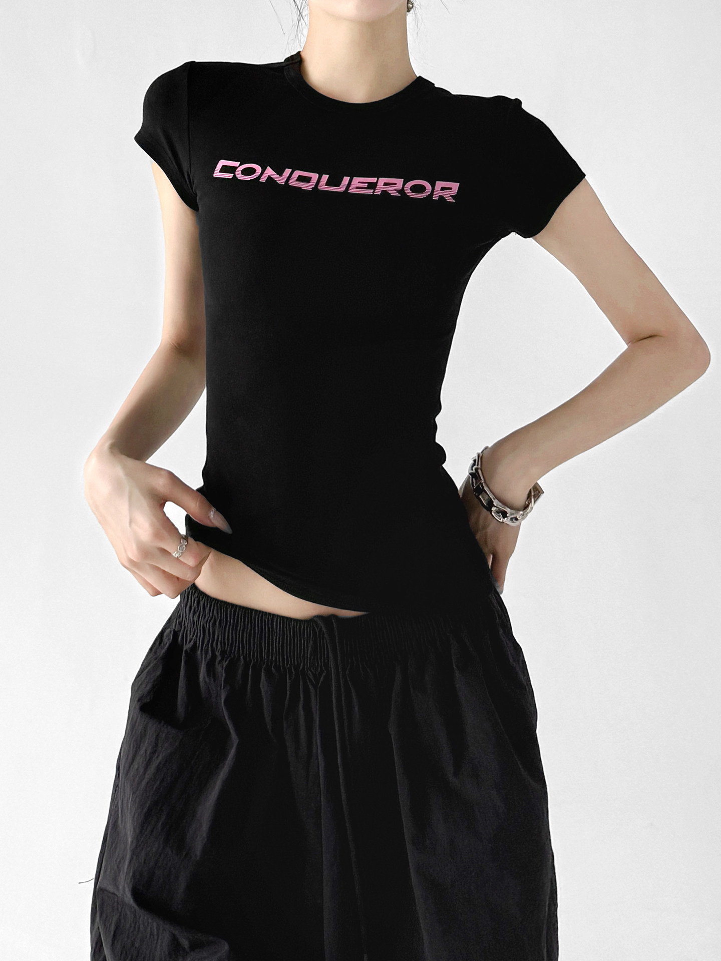 Black Letter Print Slim Casual Short Sleeve Top