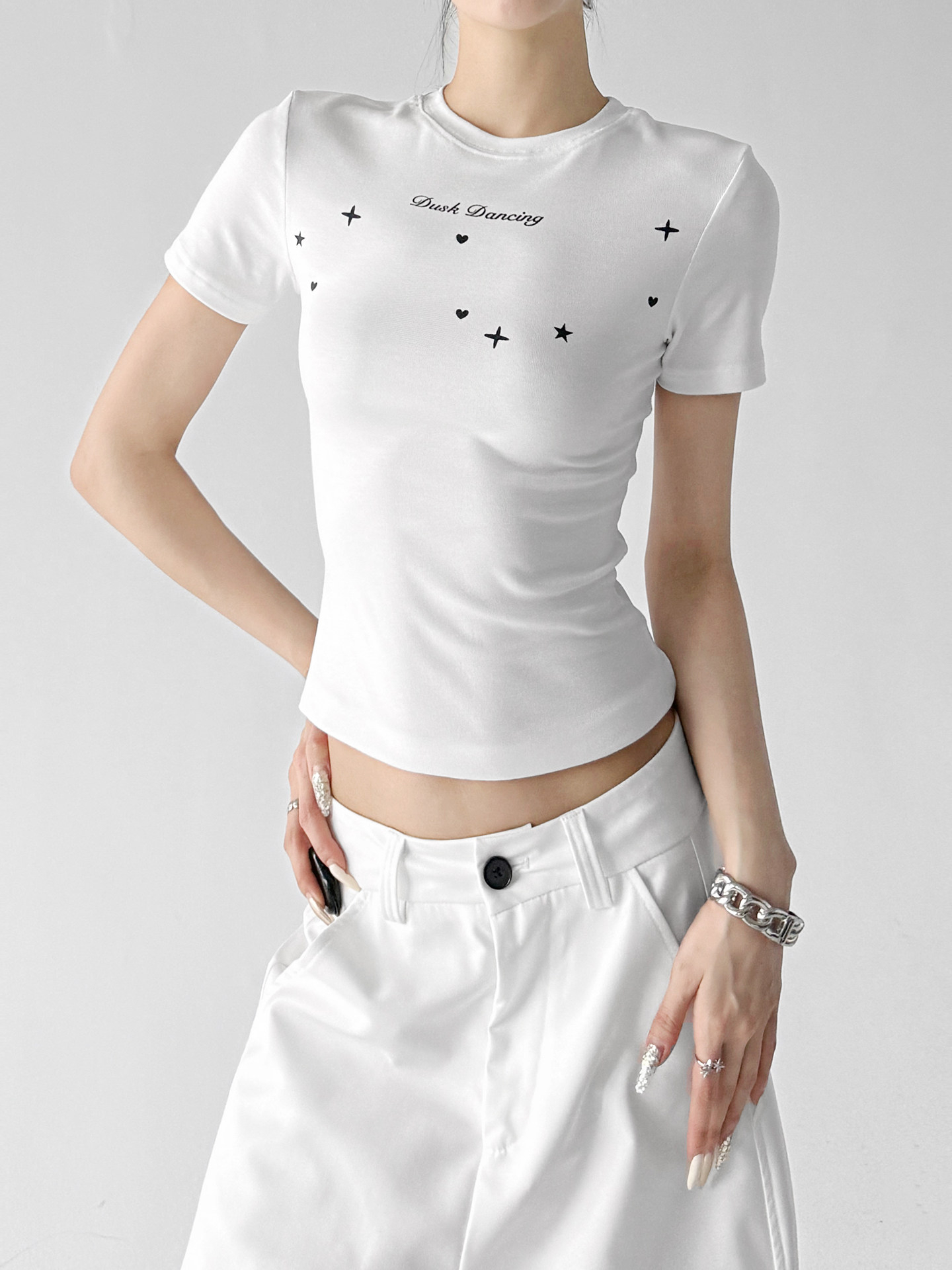 White Star Print Slim Casual Short Sleeve Tee