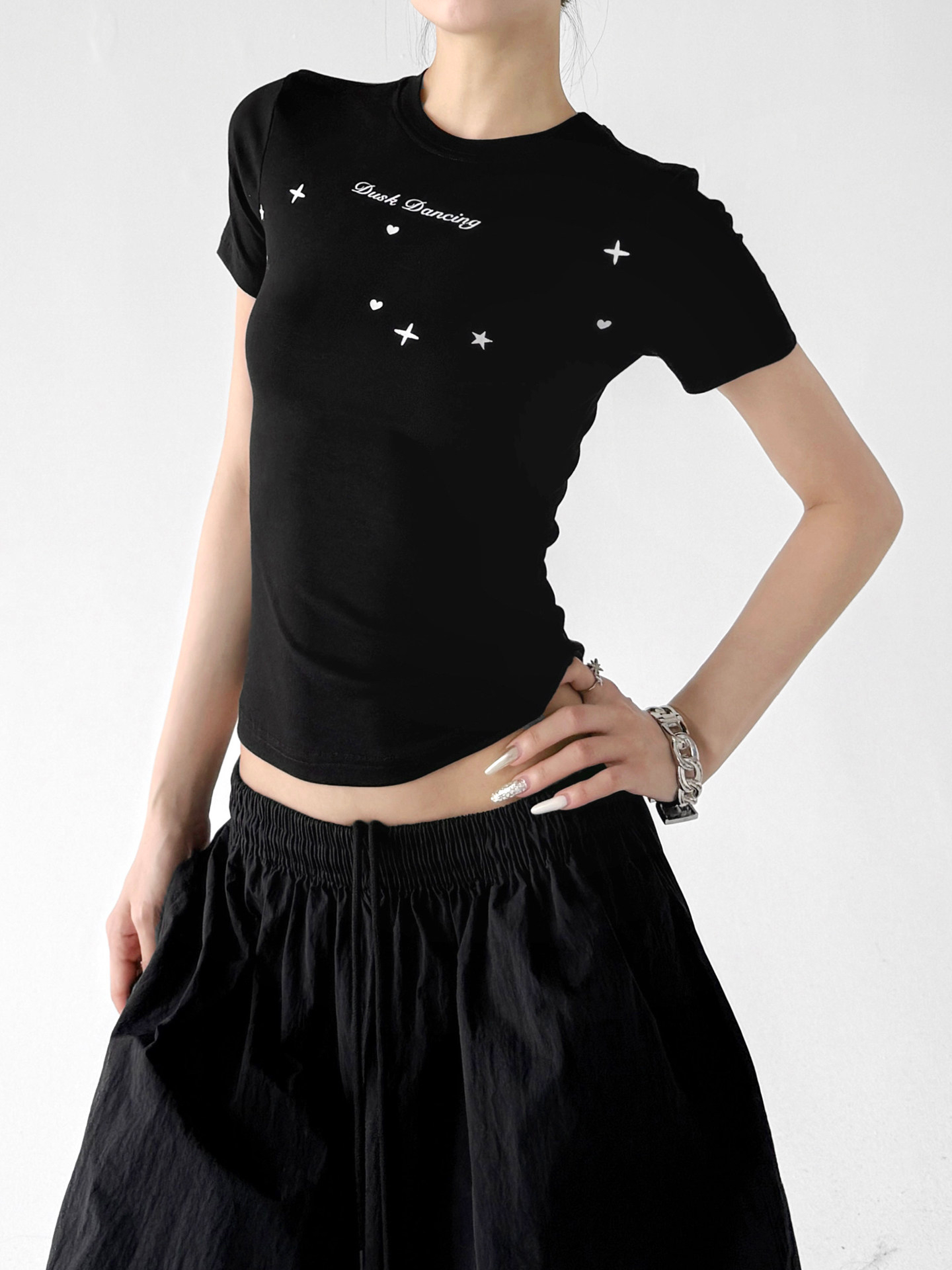 Black Star Print Slim Casual Short Sleeve Tee