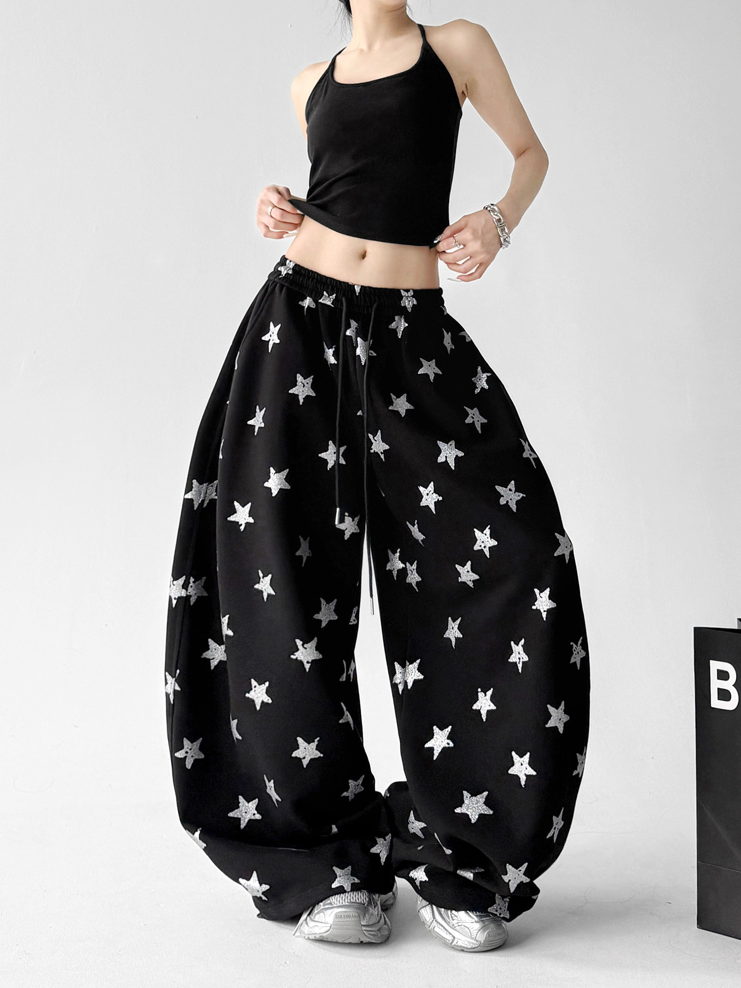 Black Star Print Loose High Waist Wide Leg Sports Pants