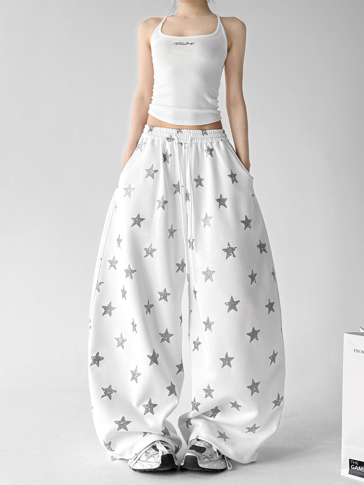 White Star Print Loose High Waist Wide Leg Sports Pants