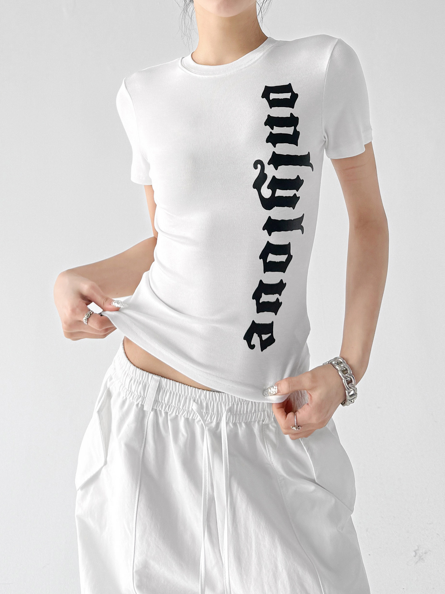 White Elegant Letter Print Slim Fit Short Sleeve Top