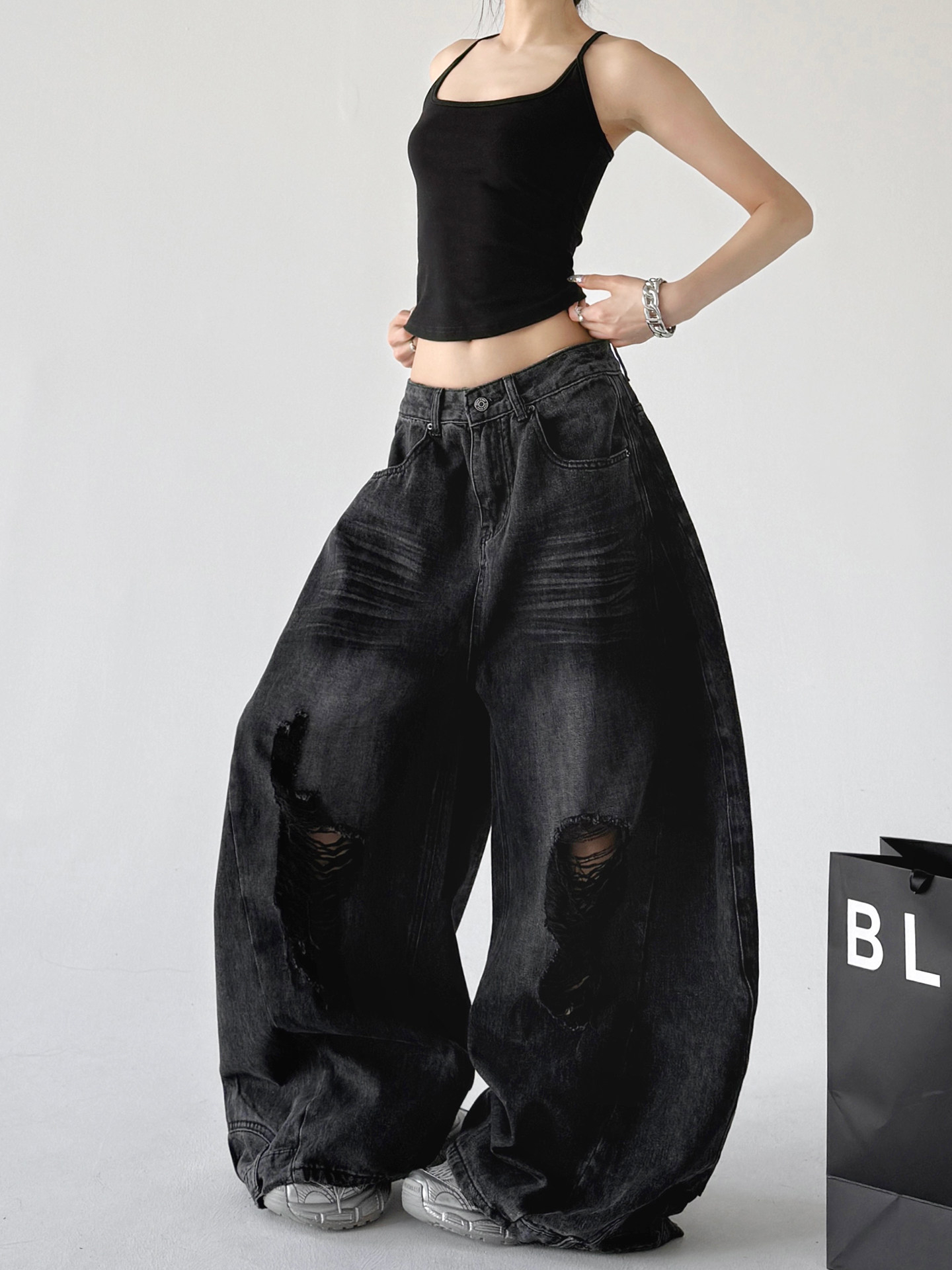 American Style Black Distressed Loose Floor-Length Wide Leg Jeans