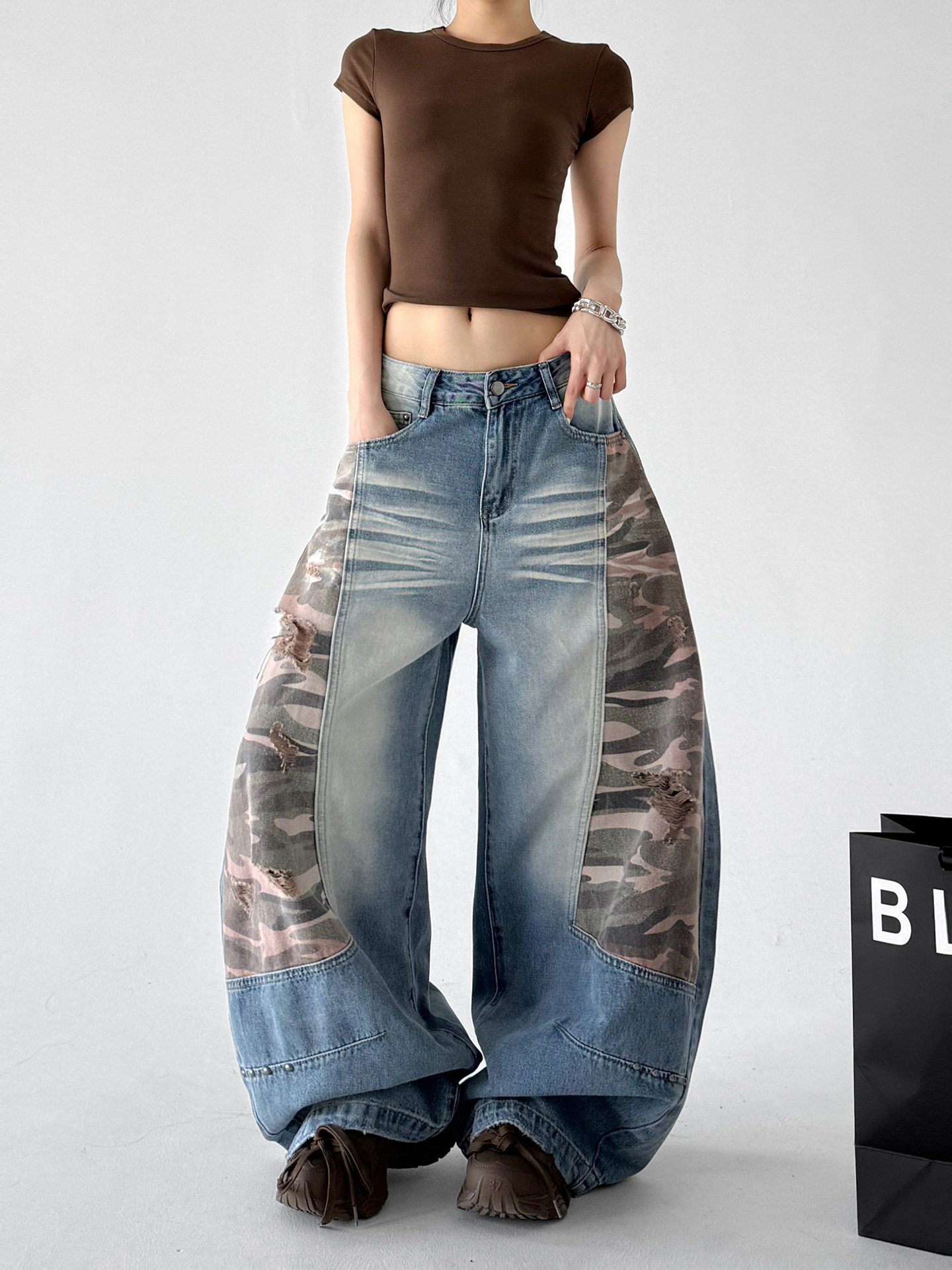 Camouflage Patchwork Hip Hop Curved Wide Leg Jeans