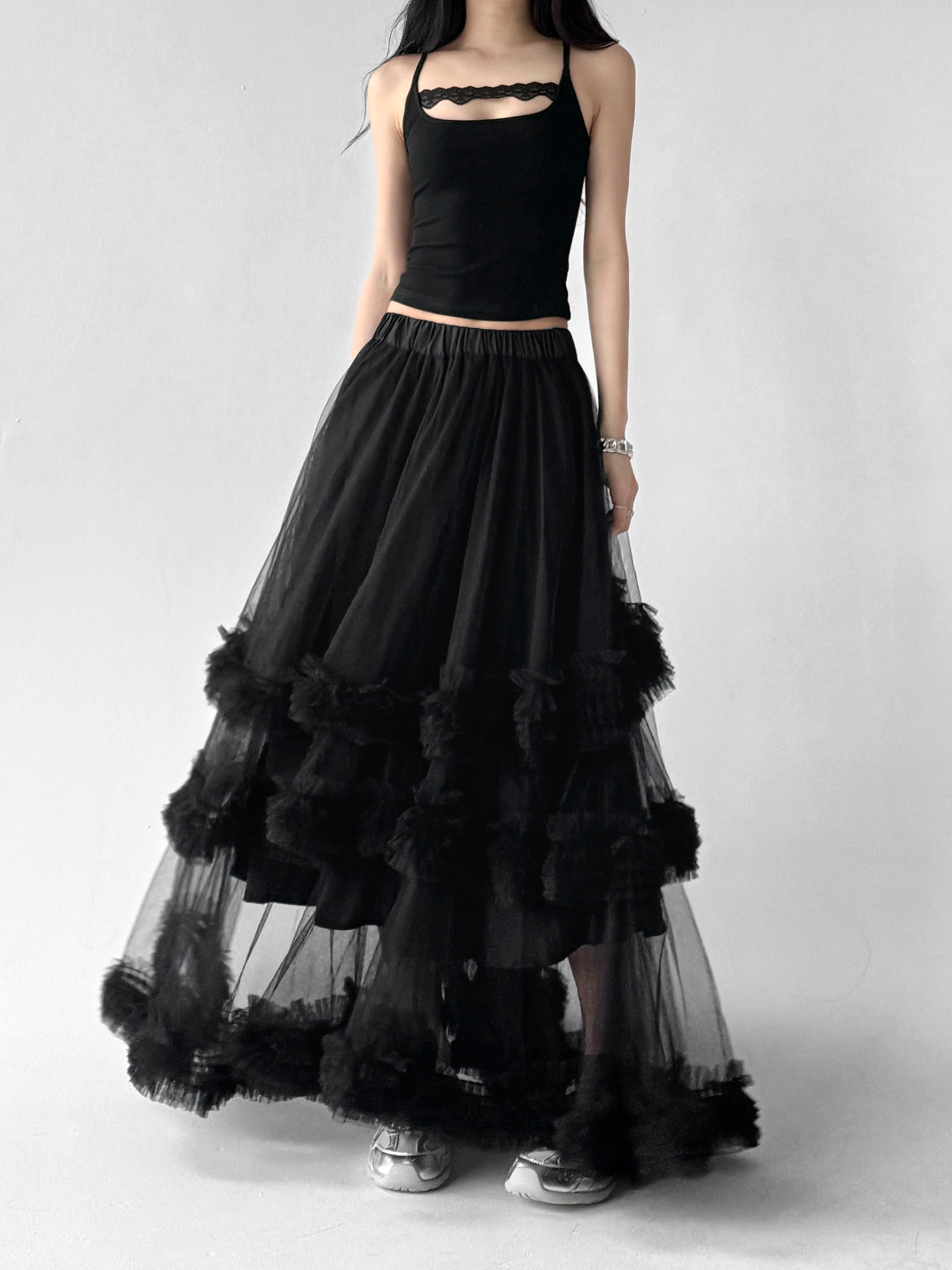 Dark Cool Mesh Tiered Puffy Midi Skirt