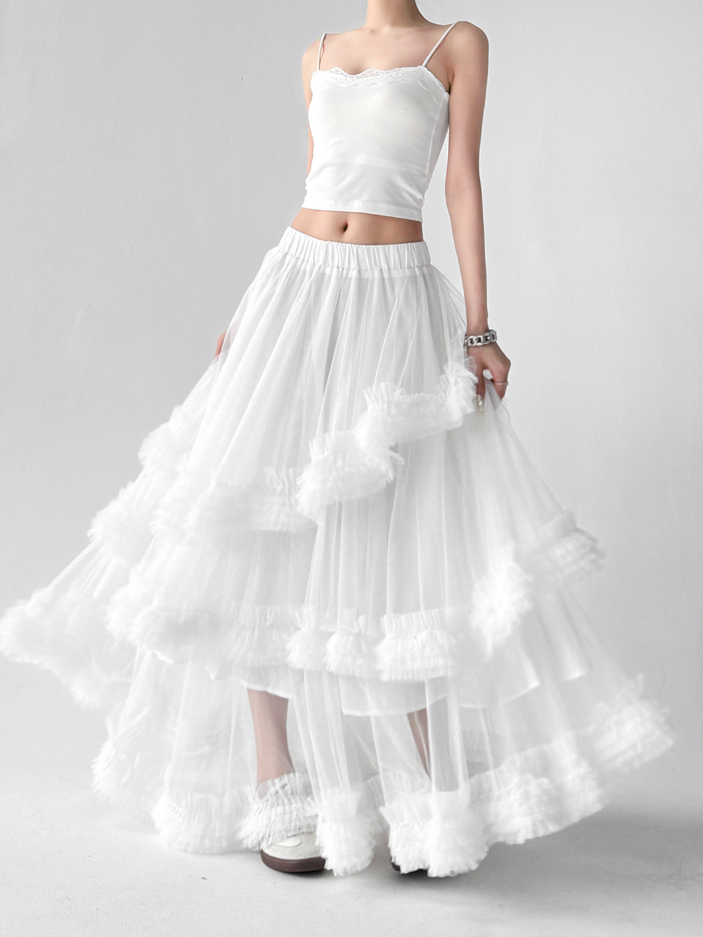 High Waist Ruffle Irregular Flowy Mesh Long Skirt
