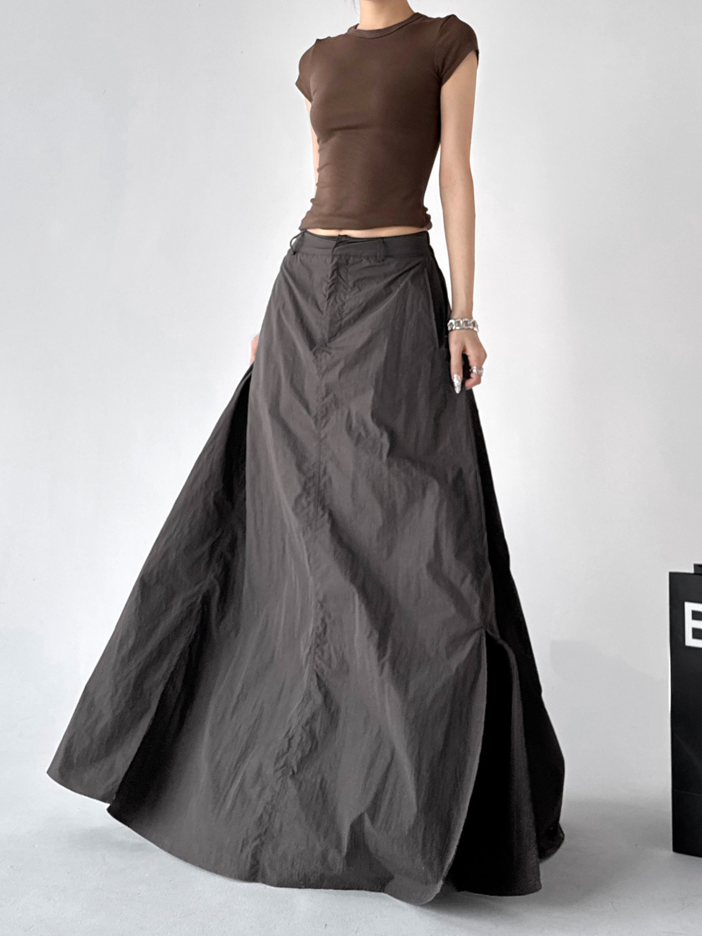 Khaki High Waist Slit Pleated Slim Long A-Line Skirt