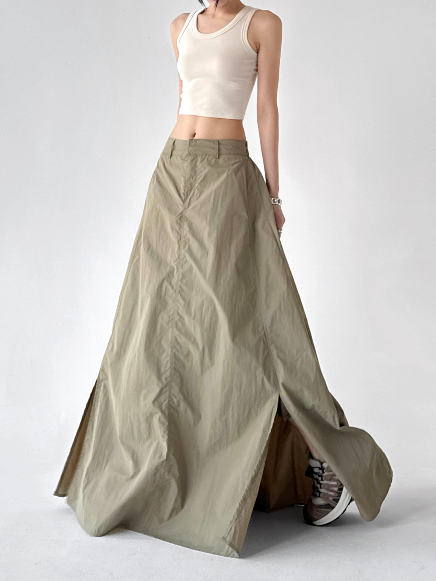 High Waist Slit Flowy Loose A-Line Long Skirt