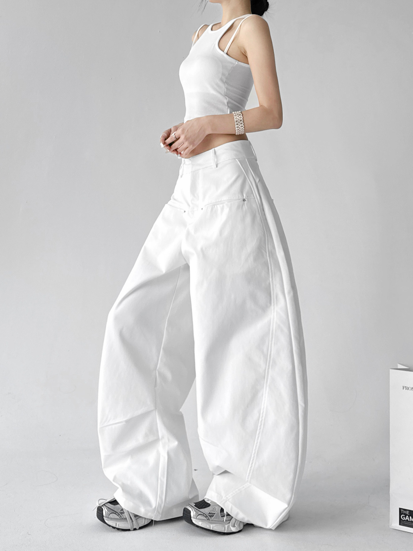 White High Waist Casual Loose Straight Curved Wide Leg Long Pants