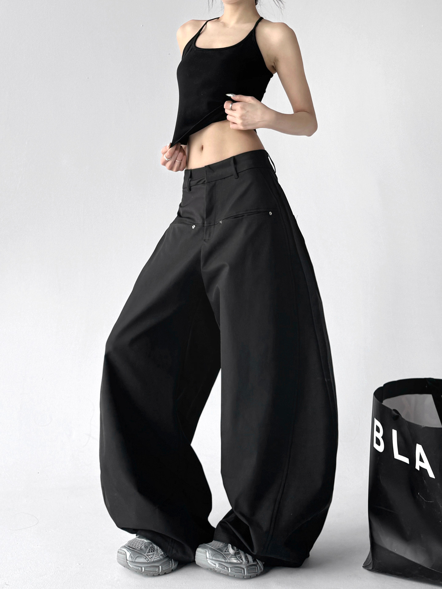Black High Waist Casual Loose Straight Curved Wide Leg Long Pants