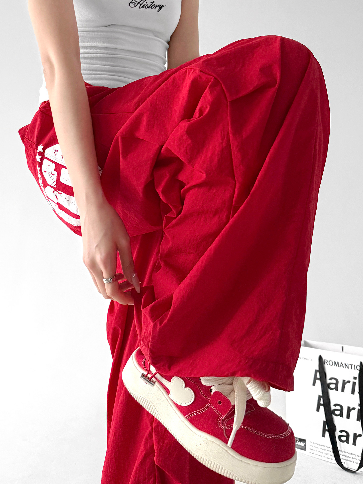 American Street Print Wide Leg Pants, Red Curved Trousers