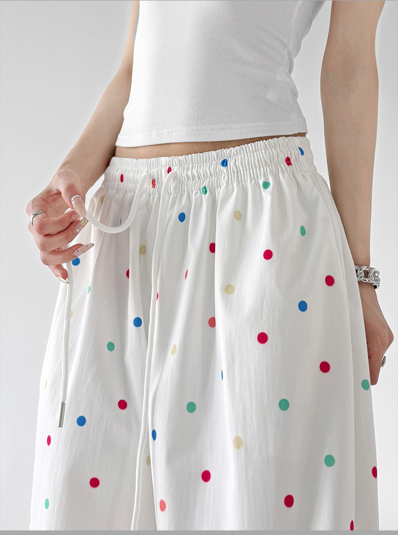 Dopamine Polka Dot Wide Leg Pants, White Casual Trousers