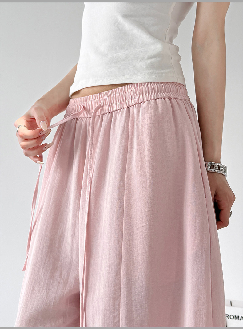 Lazy High Waist Linen Wide Leg Pants, Pink&White Drape Trousers