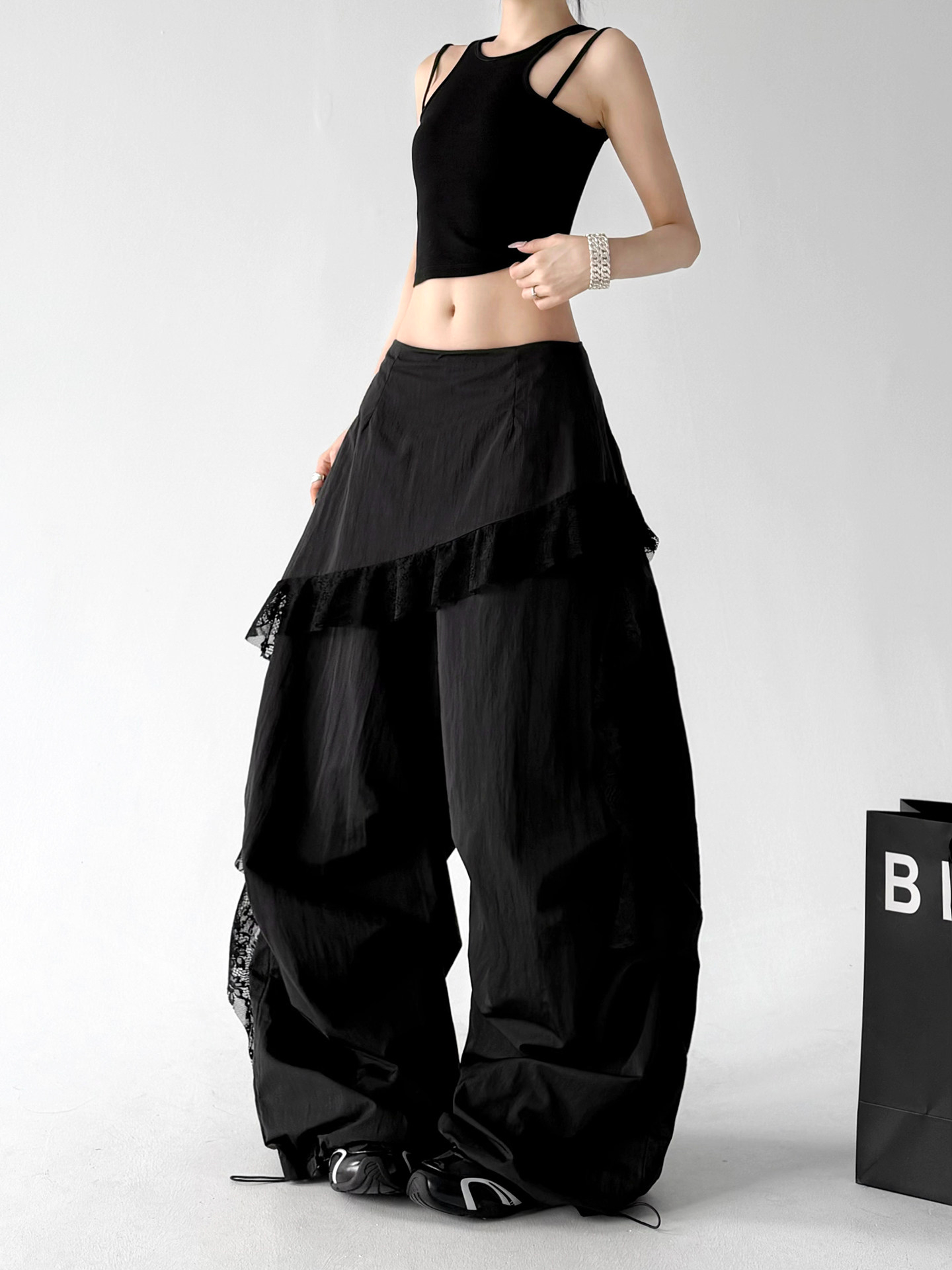 Black Lace Splicing Loose Casual Wide Leg Pants