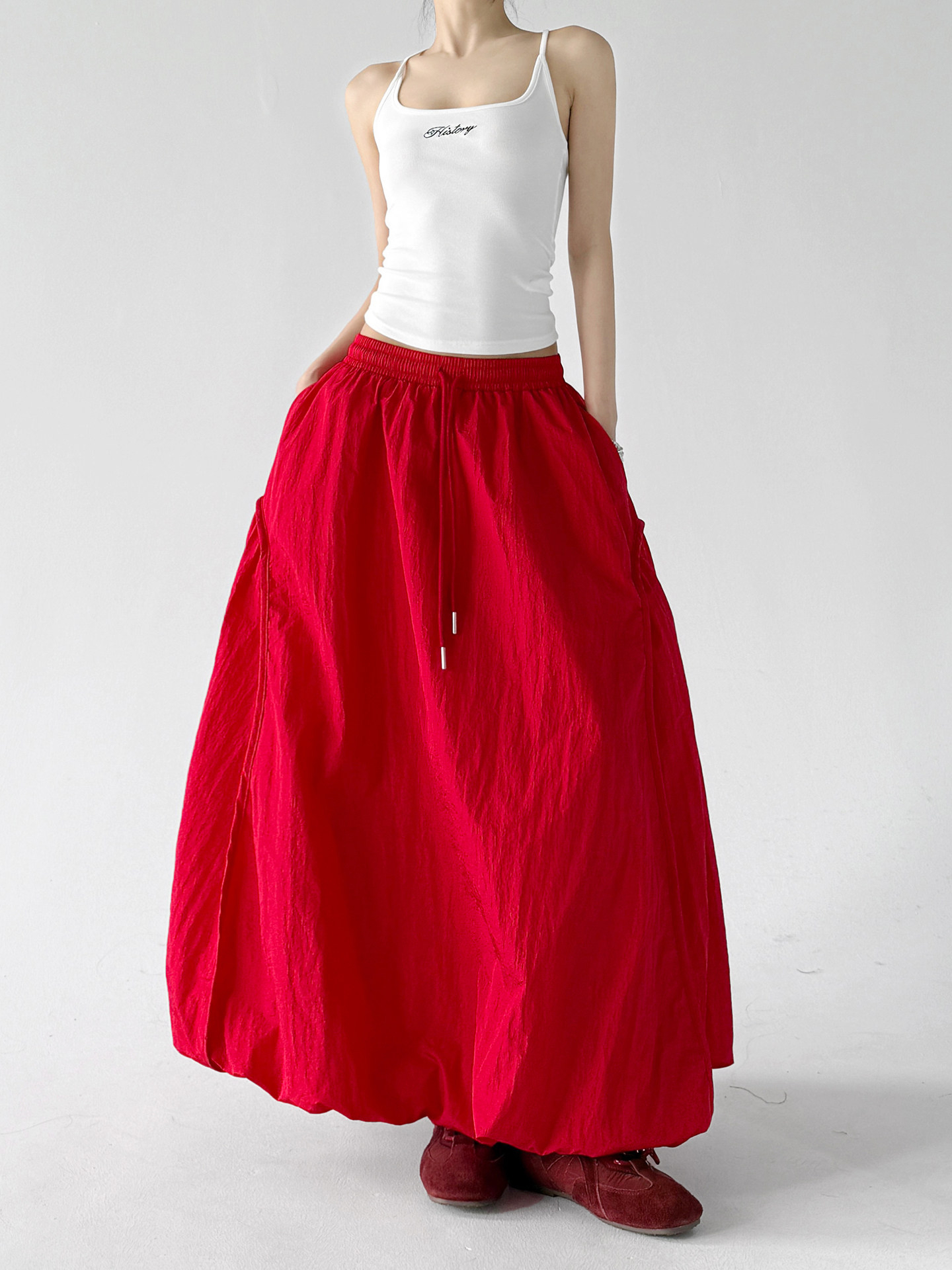 Red Bud High Waist Flared A-Line Maxi Skirt