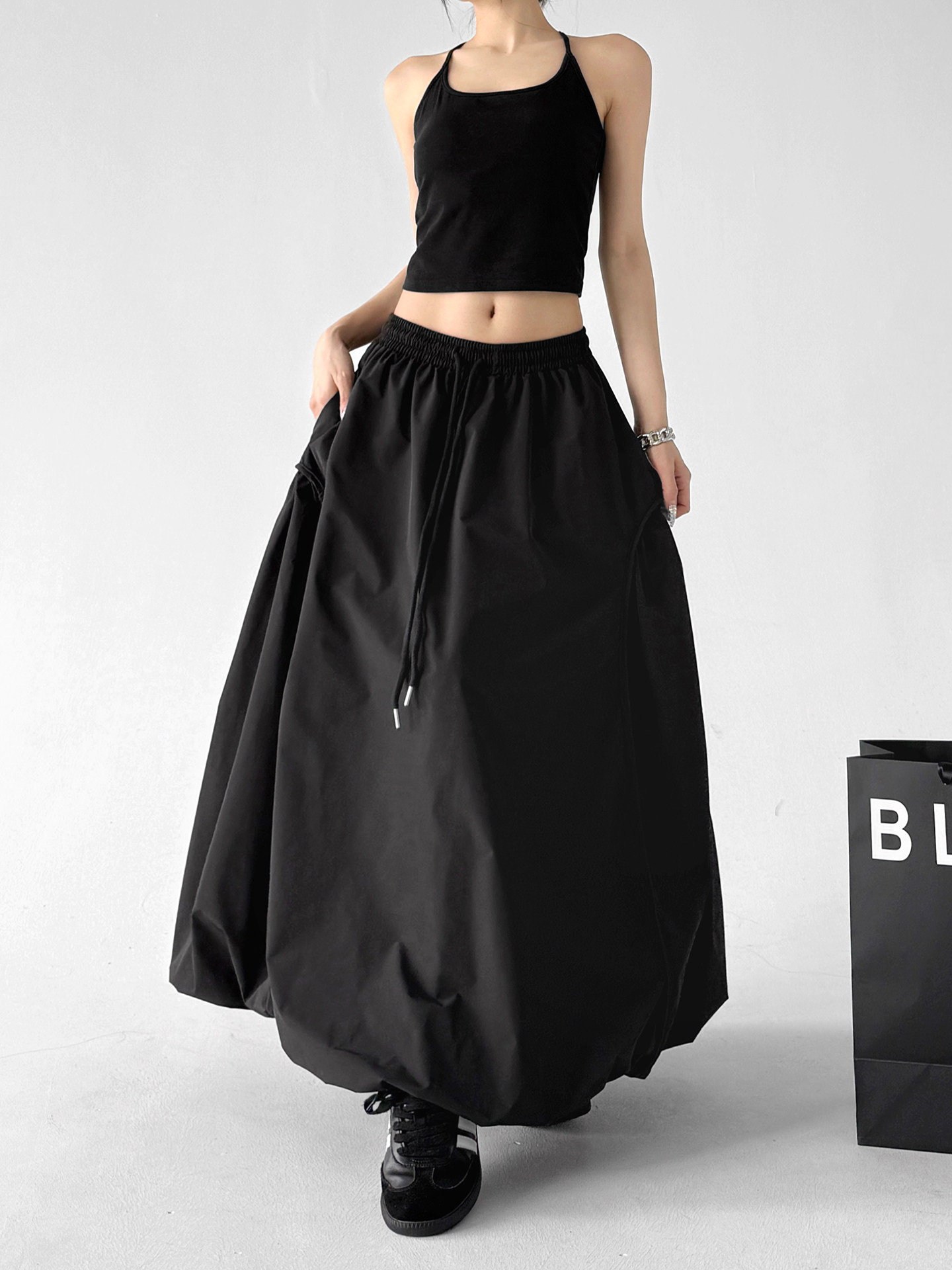 Black Bud High Waist Flared A-Line Maxi Skirt