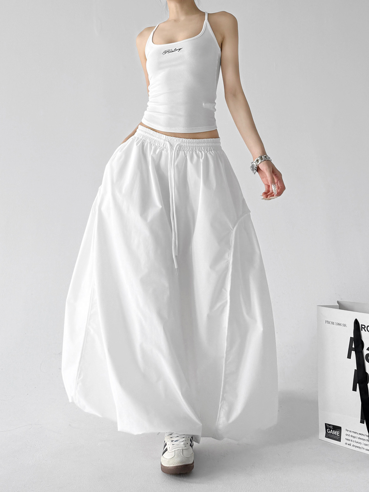 White Bud High Waist Flared A-Line Maxi Skirt