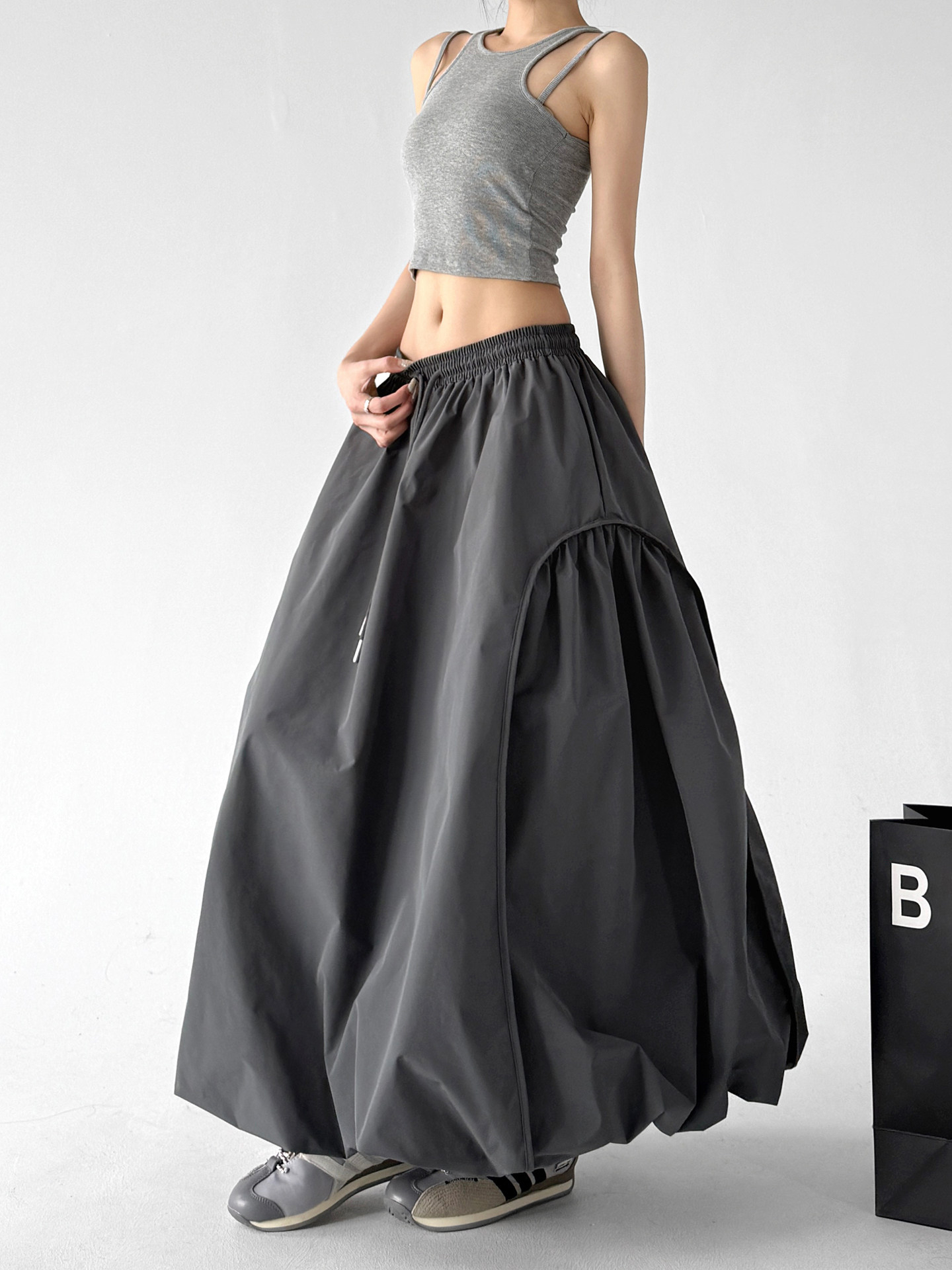 Gray Bud High Waist Flared A-Line Maxi Skirt